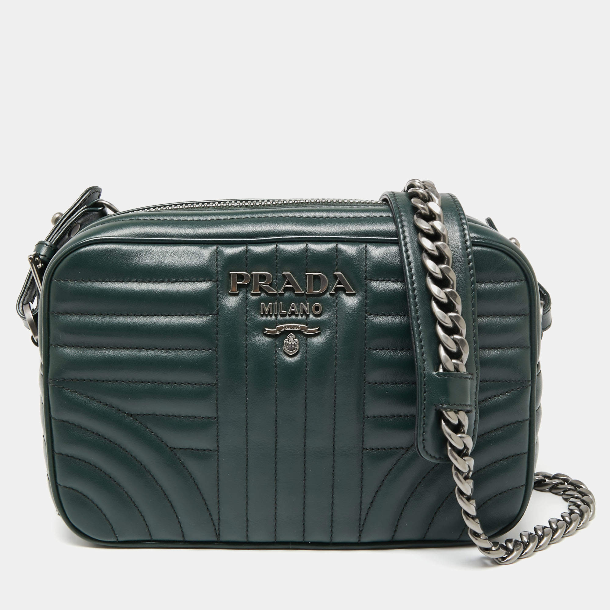 Pre Owned Prada Emerald Green Diagramme Leather Camera Crossbody Bag