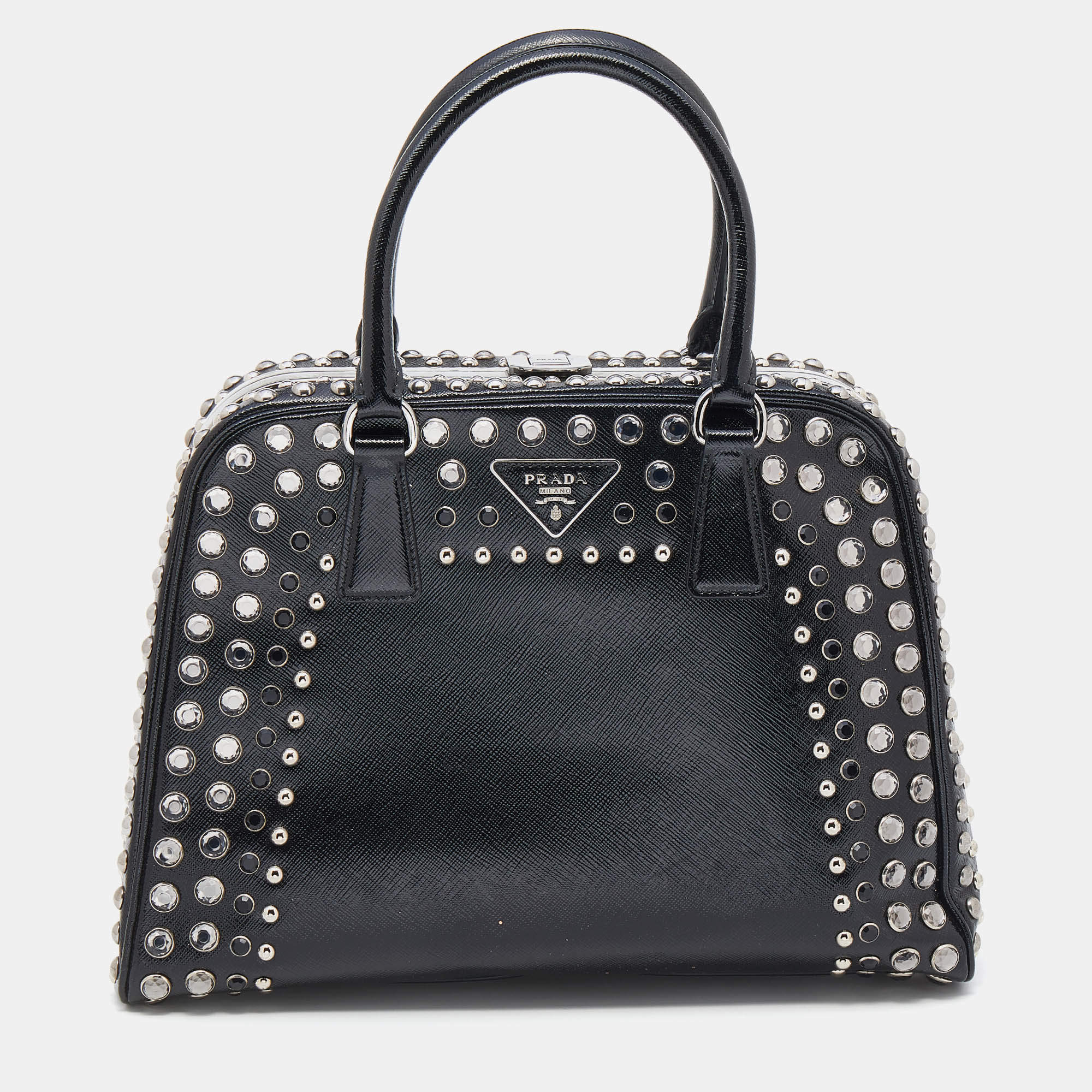 Pre Owned Prada Black Saffiano Lux Leather Studded Pyramid Frame Satchel