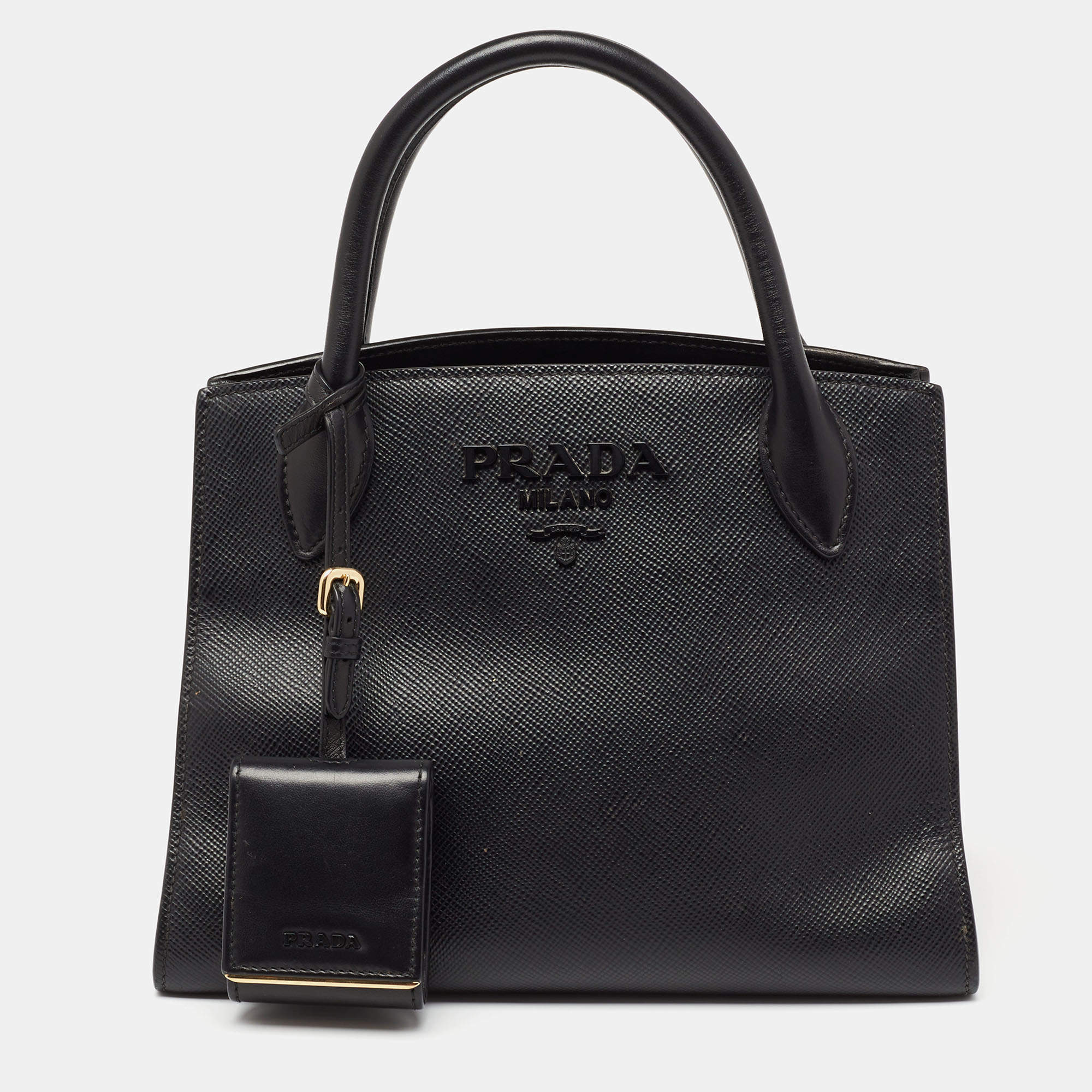 Prada Black Saffiano Cuir Leather Small Monochrome Tote