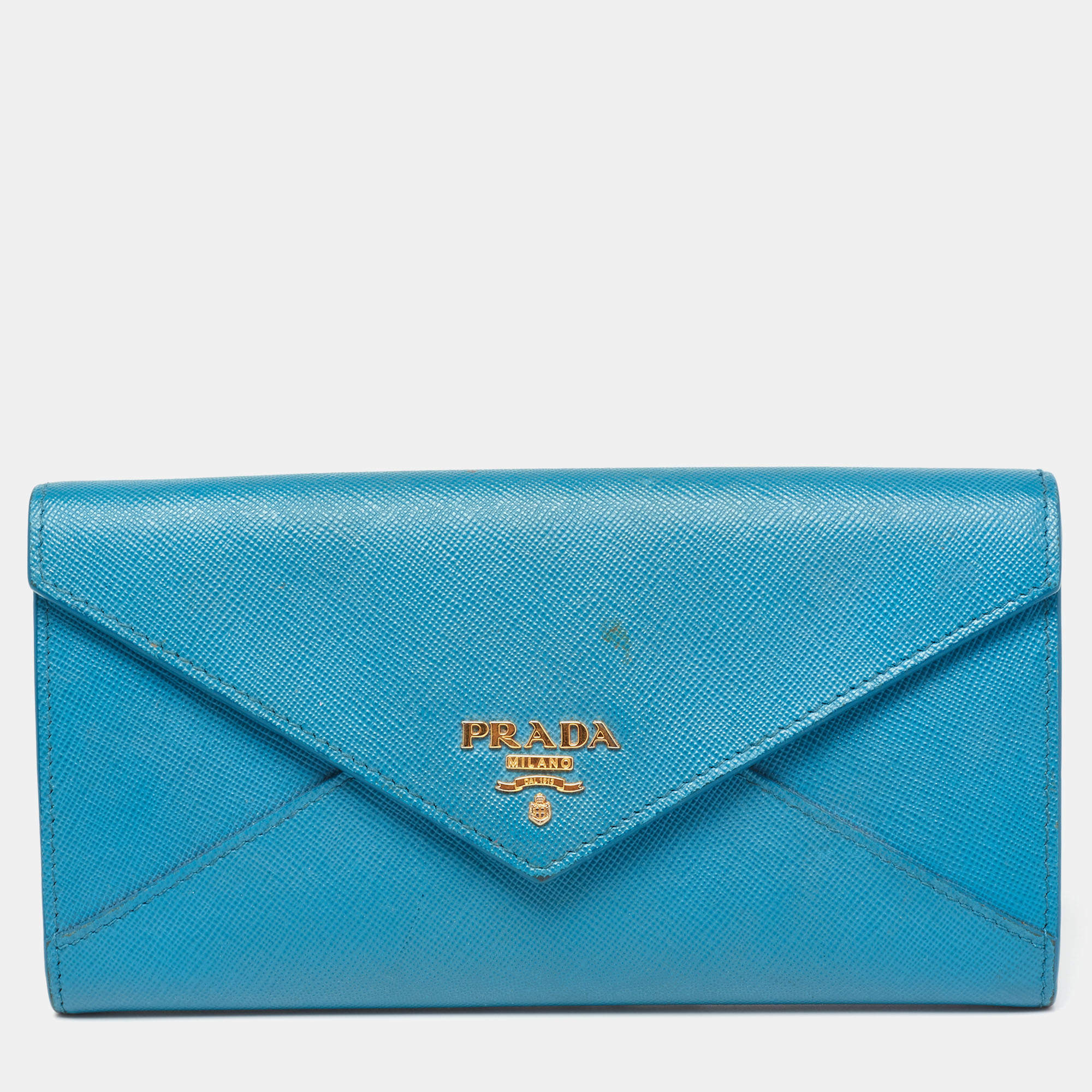 Pre Owned Prada Blue Saffiano Metal Leather Envelope Flap Continental Wallet