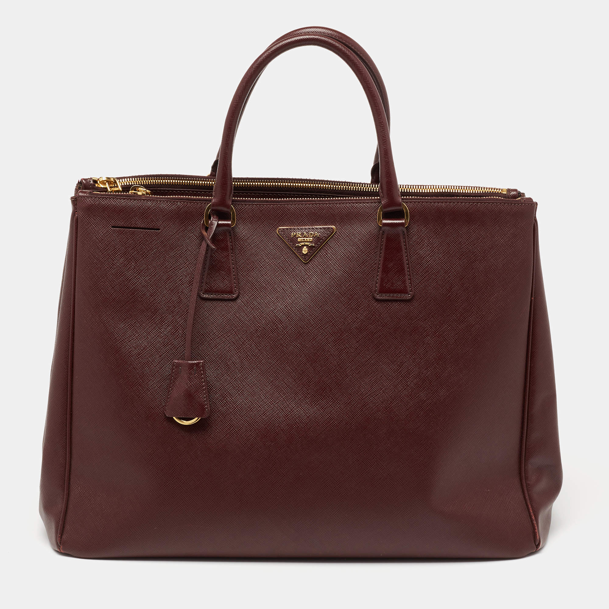 Pre Owned  Prada Dark Red Saffiano Lux Leather Executive Double Zip Tote