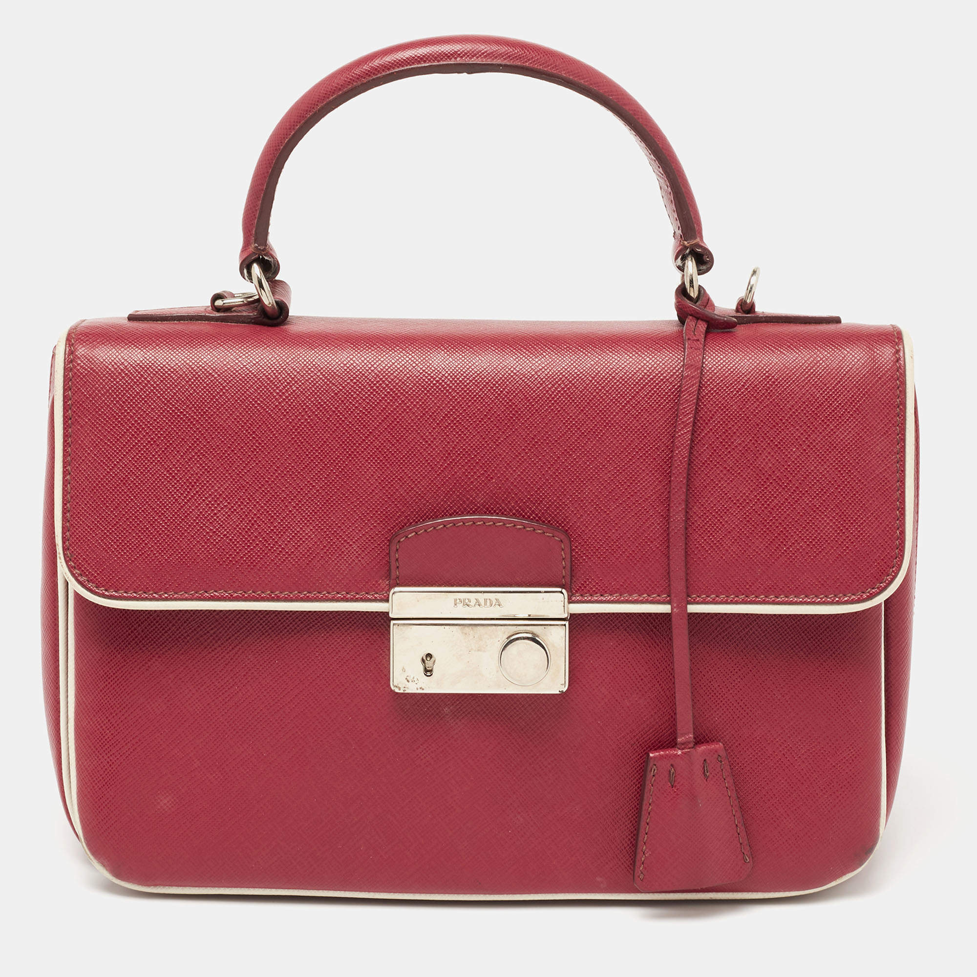 Pre Owned Prada Red/White  Saffiano Lux Leather Sound Top Handle Bag
