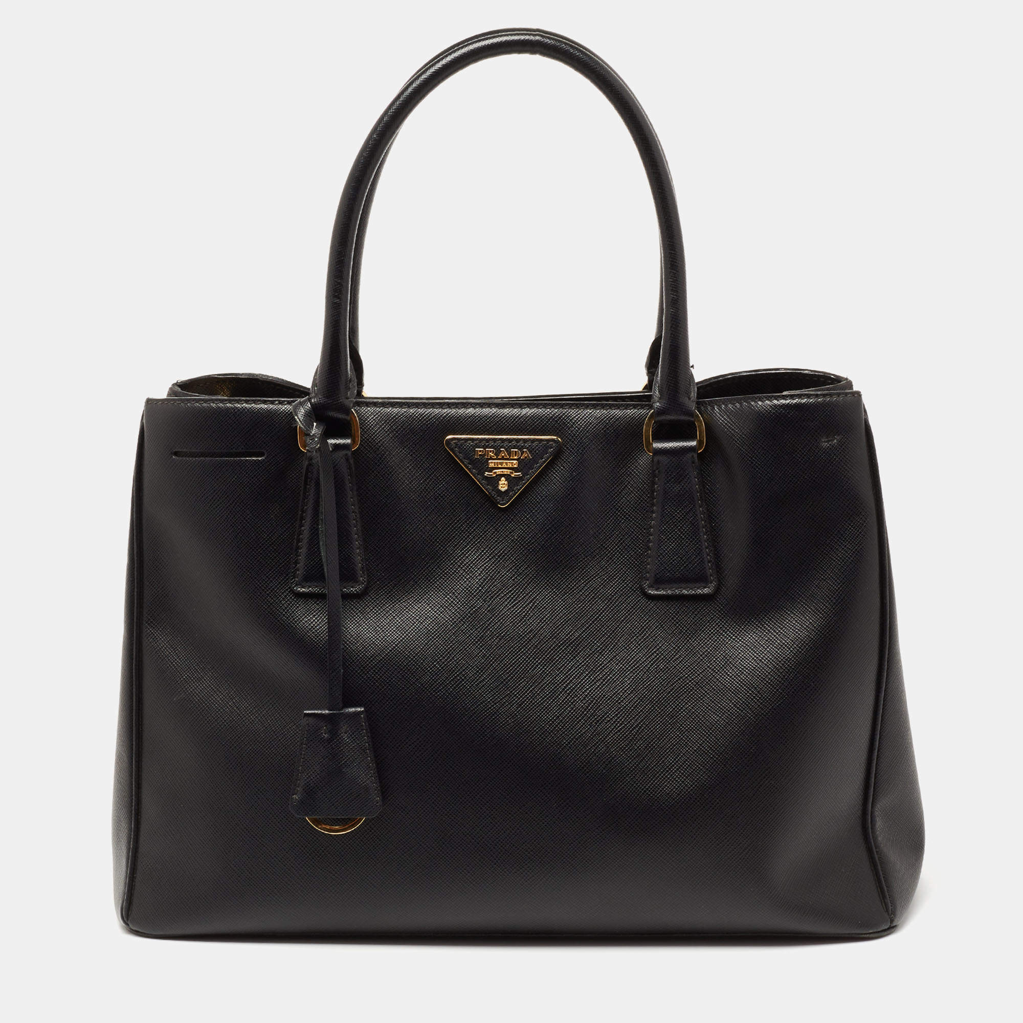 Pre Owned Prada Black Saffiano Leather Medium Galleria Double Zip Tote