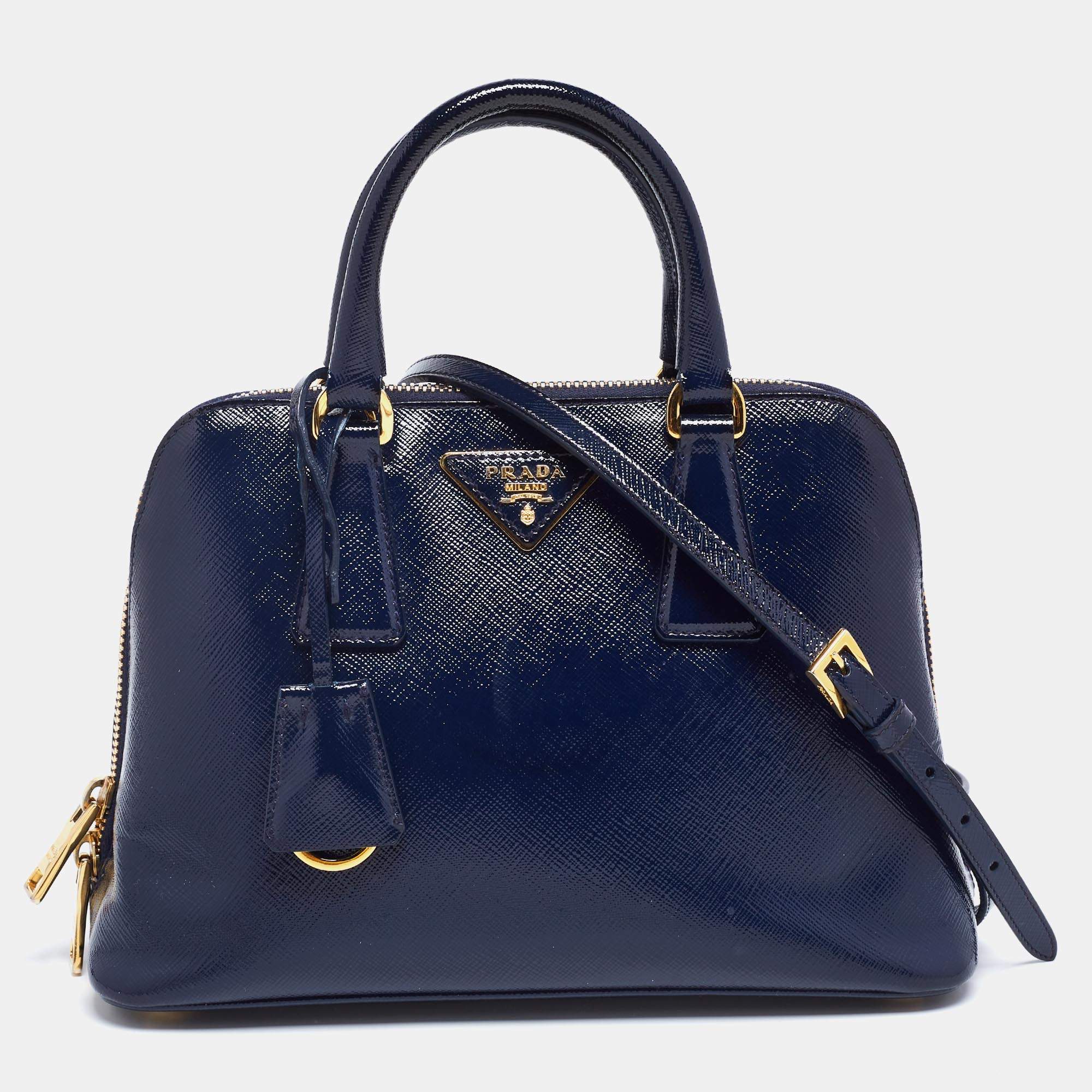 Pre Owned Prada Navy Blue Saffiano Patent Leather Small Promenade Satchel