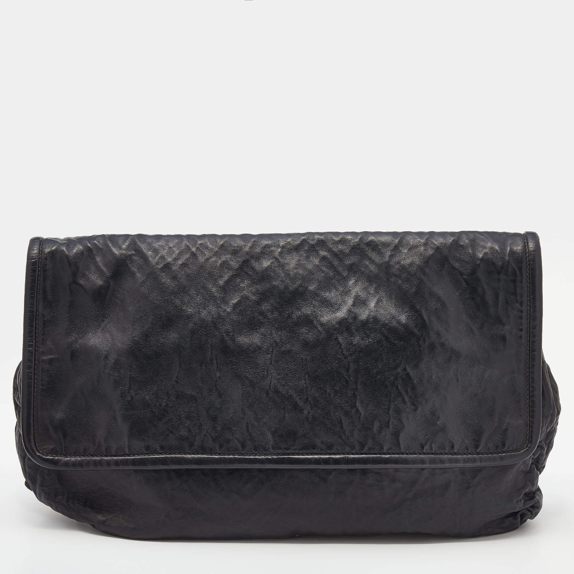 Pre Owned Prada Black Crackled Leather Oversized Flap Clutch