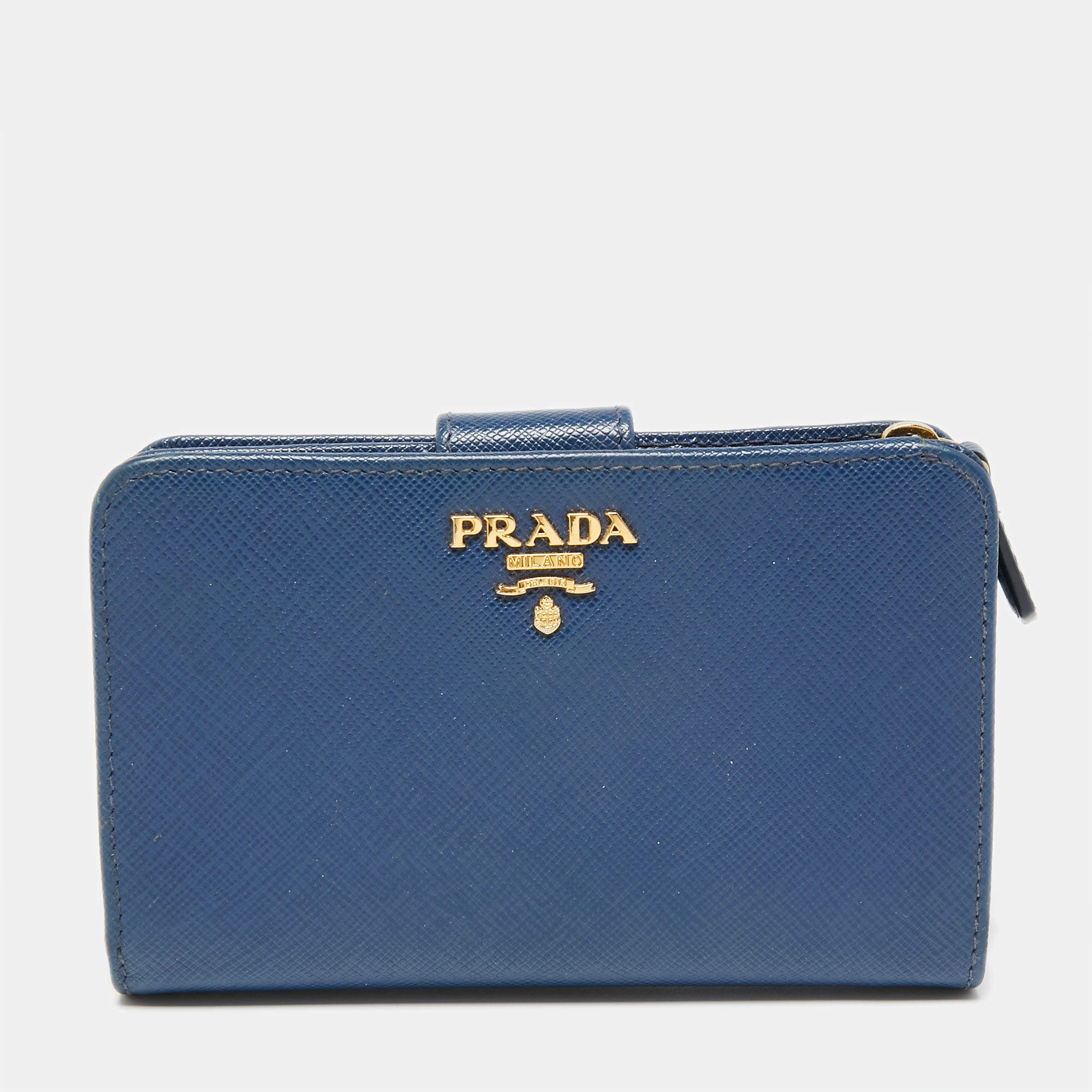 Pre Owned Prada Blue Saffiano Metal Leather Flap French Wallet