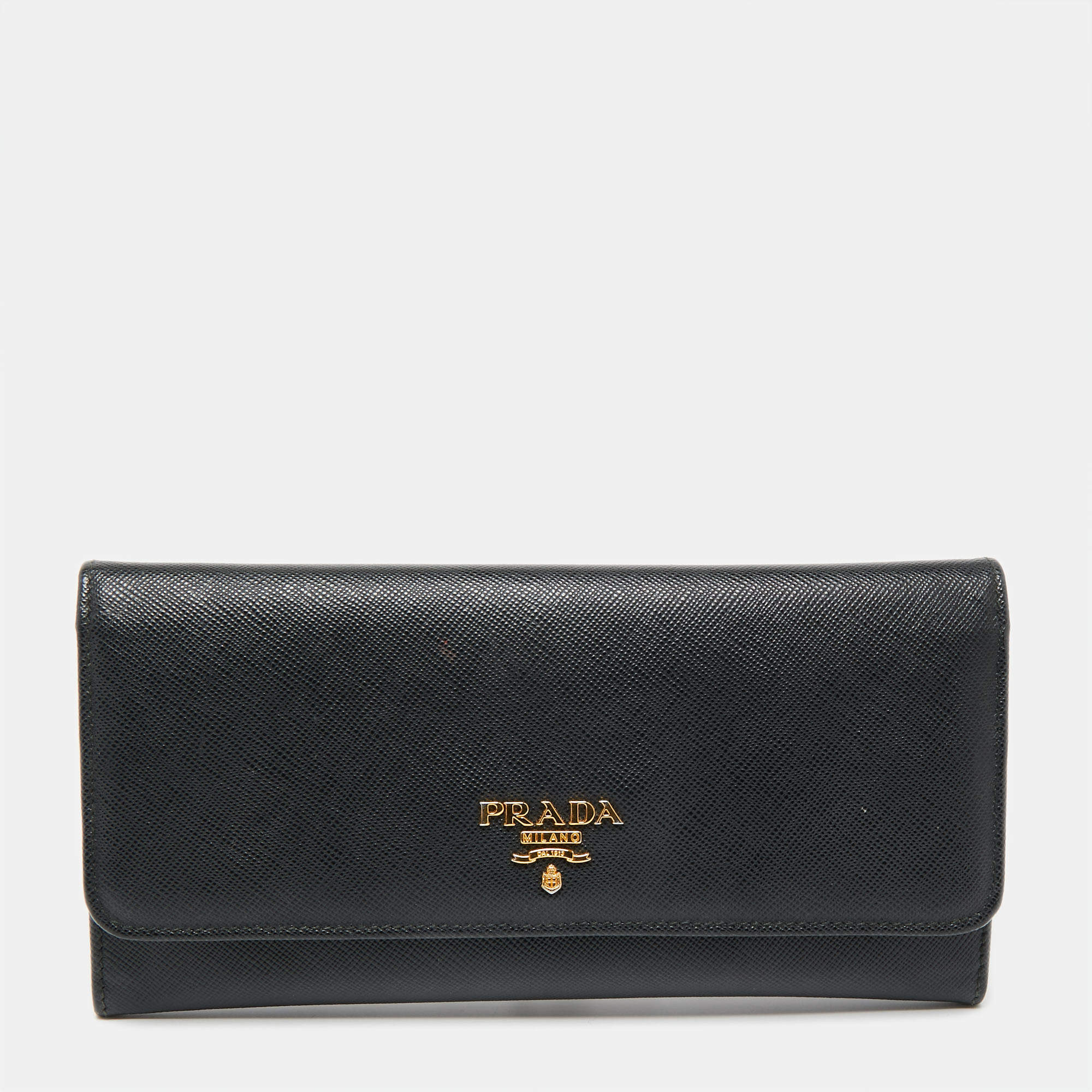 Pre Owned Prada Black Saffiano Metal Leather Logo Flap Continental Wallet