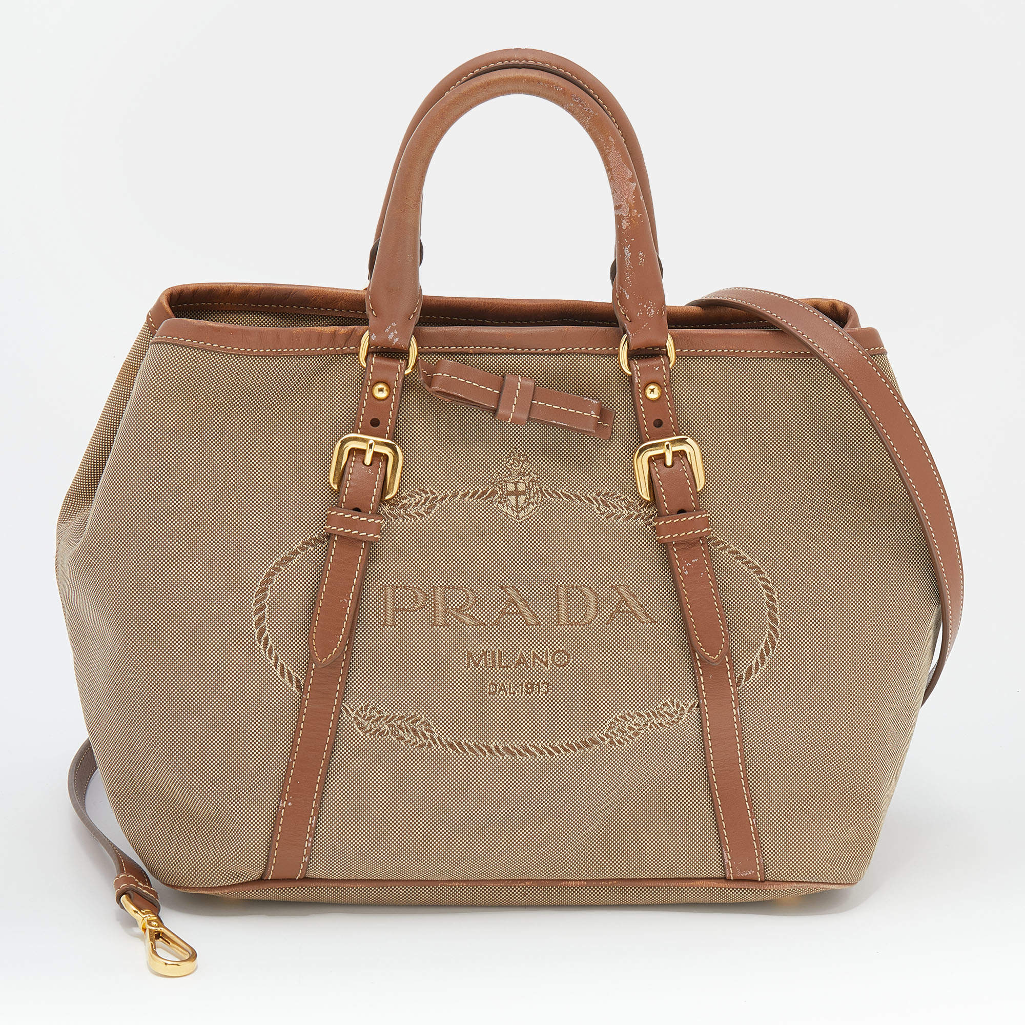 Pre Owned Prada Beige/Brown Canvas and Leather Tote