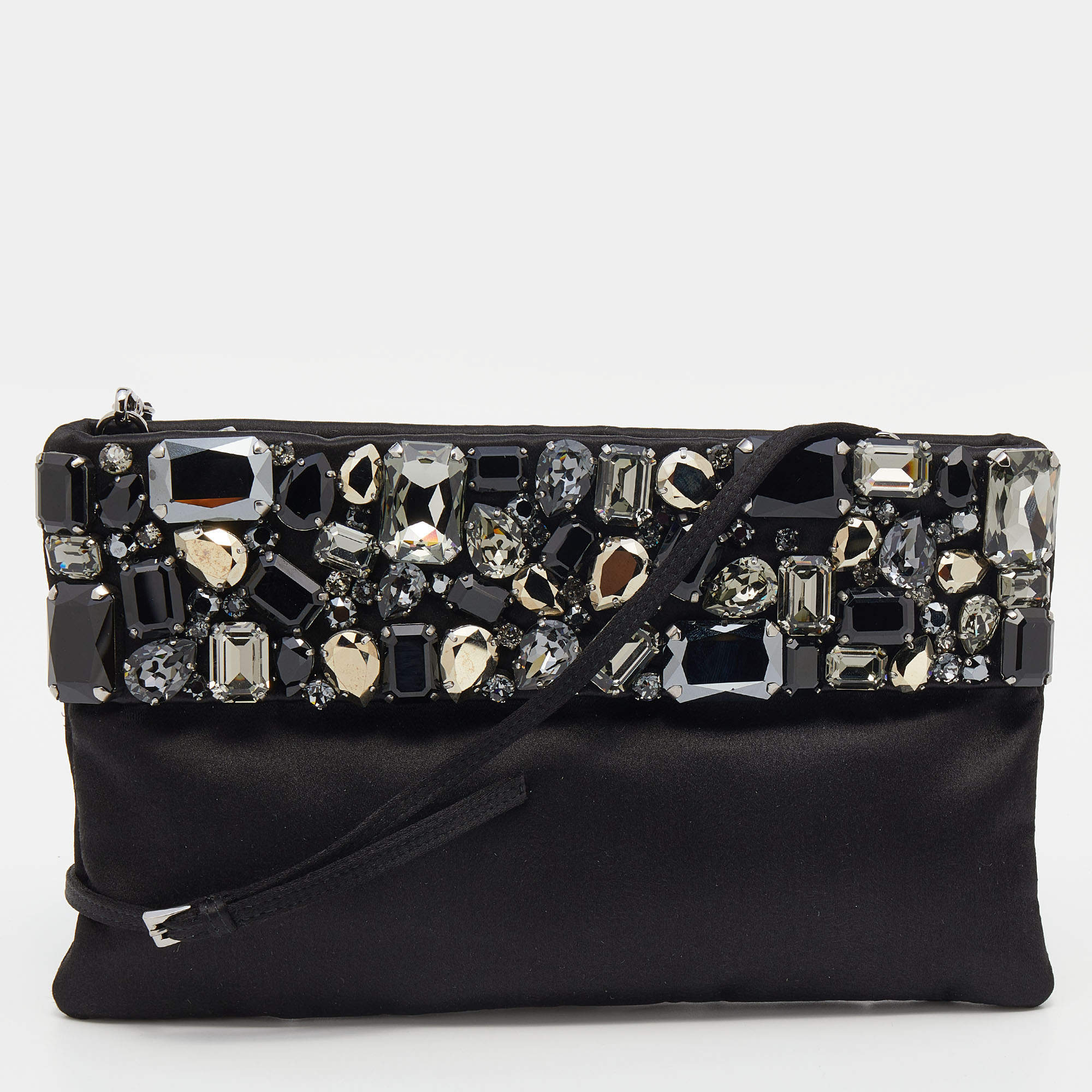 Pre Owned Prada Black Satin Crystal Embellished Clutch