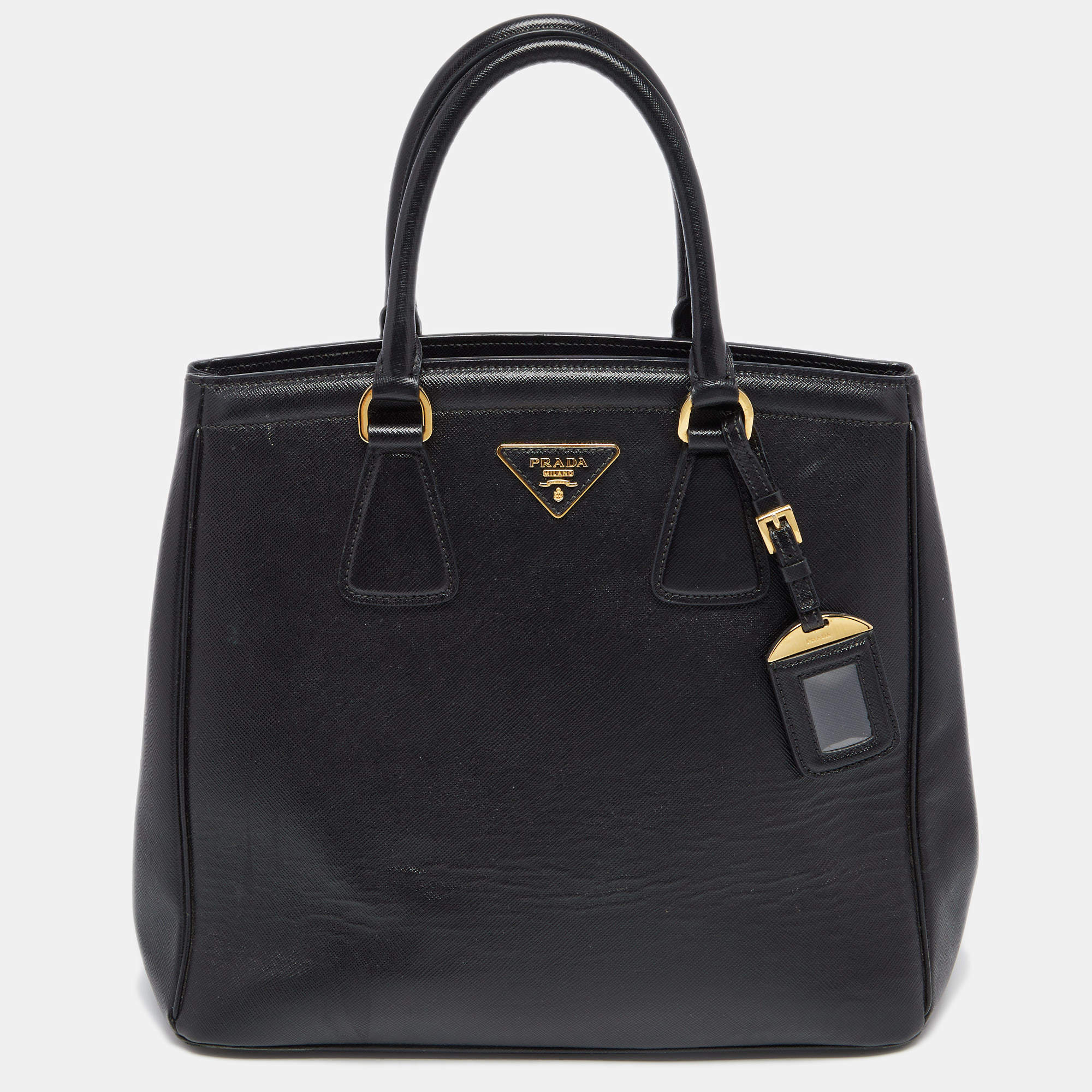 Pre Owned Prada Black Saffiano Leather Medium Double Handle Tote