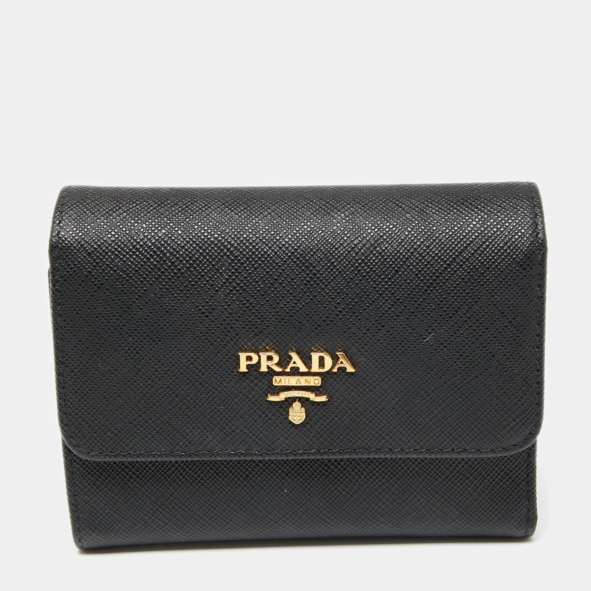 Pre Owned Prada Black Saffiano Metal Leather Logo Compact Wallet