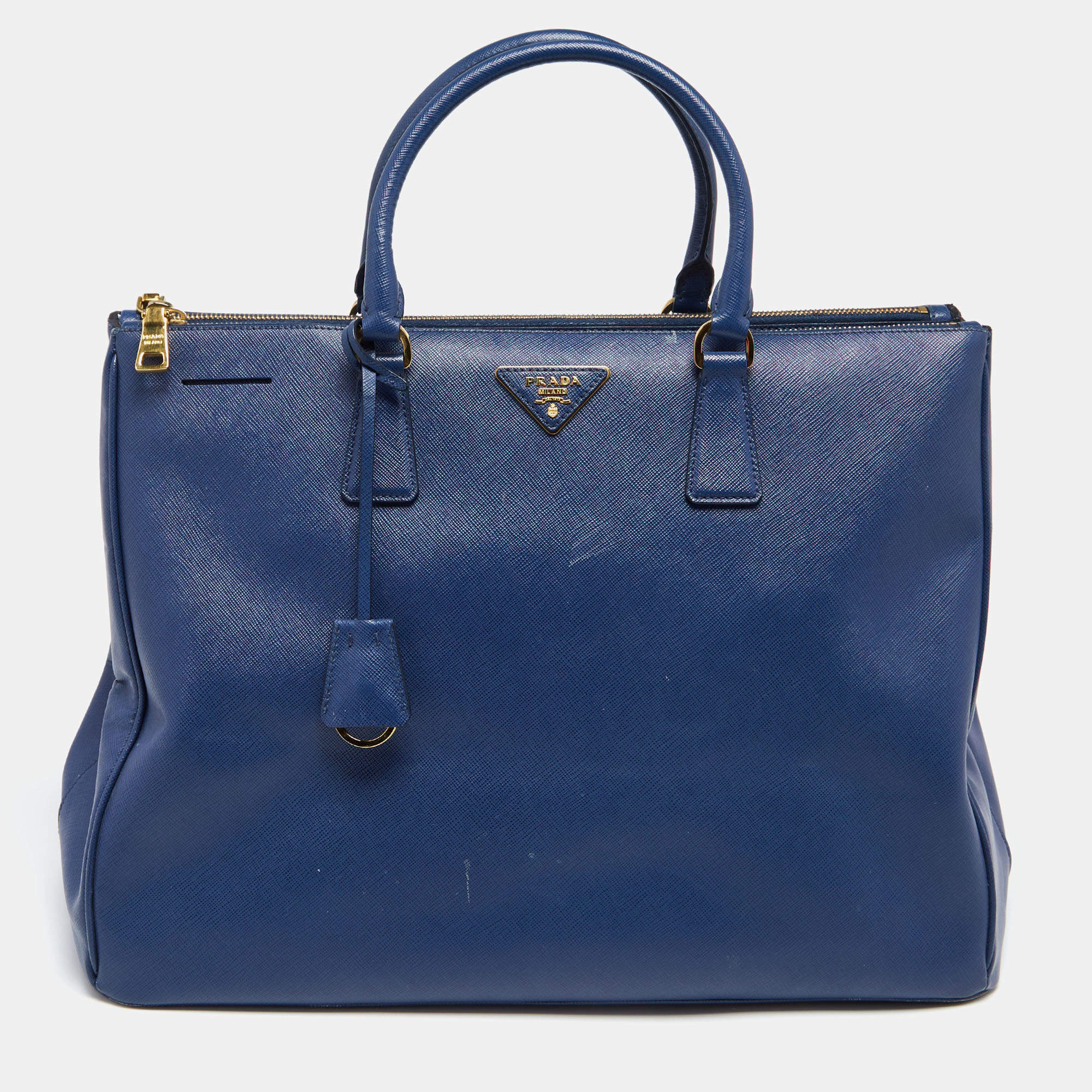 Pre Owned Prada Navy Blue Saffiano Lux Leather Large Double Zip Tote