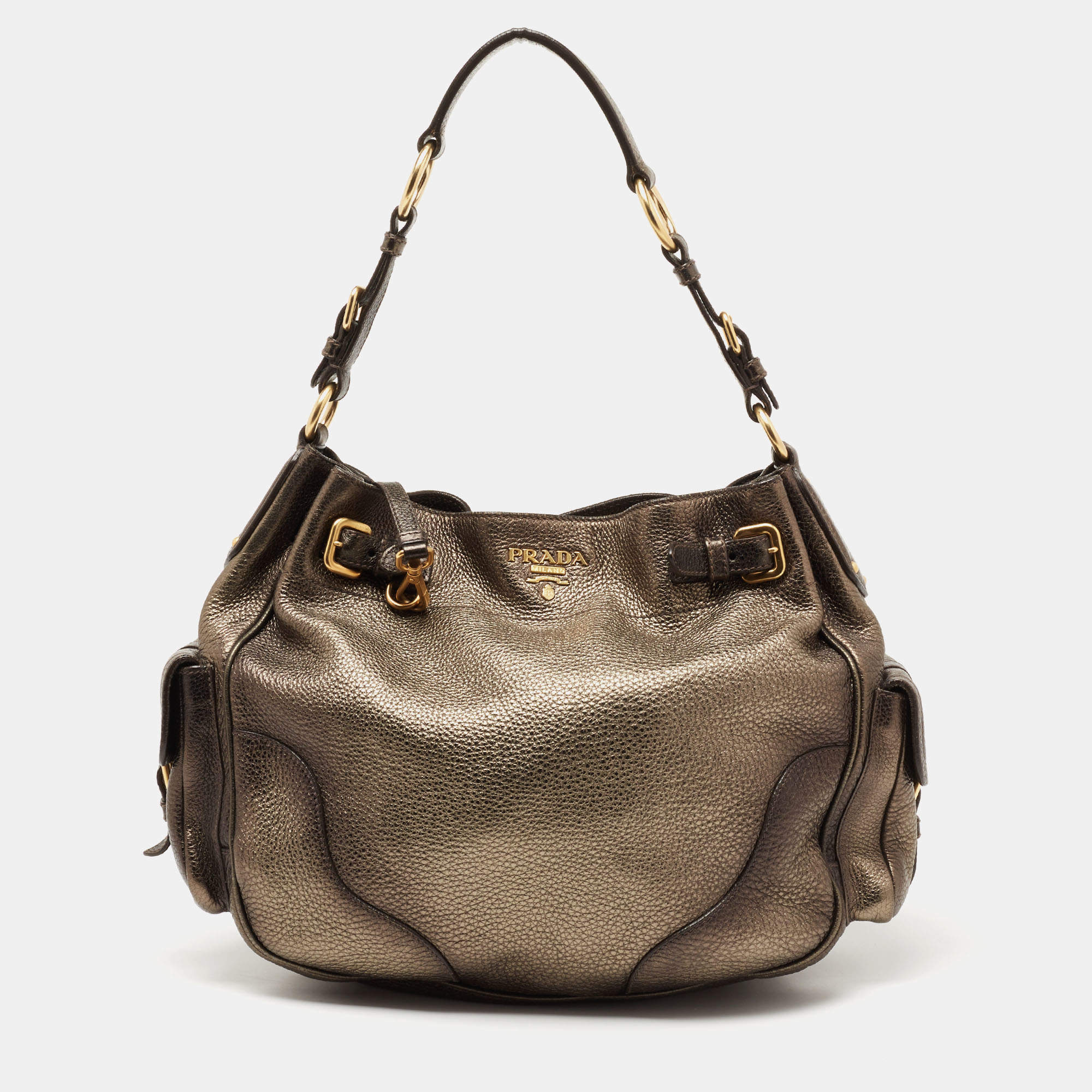 Pre Owned Prada Metallic Moss Vitello Daino Leather Side Pocket Hobo