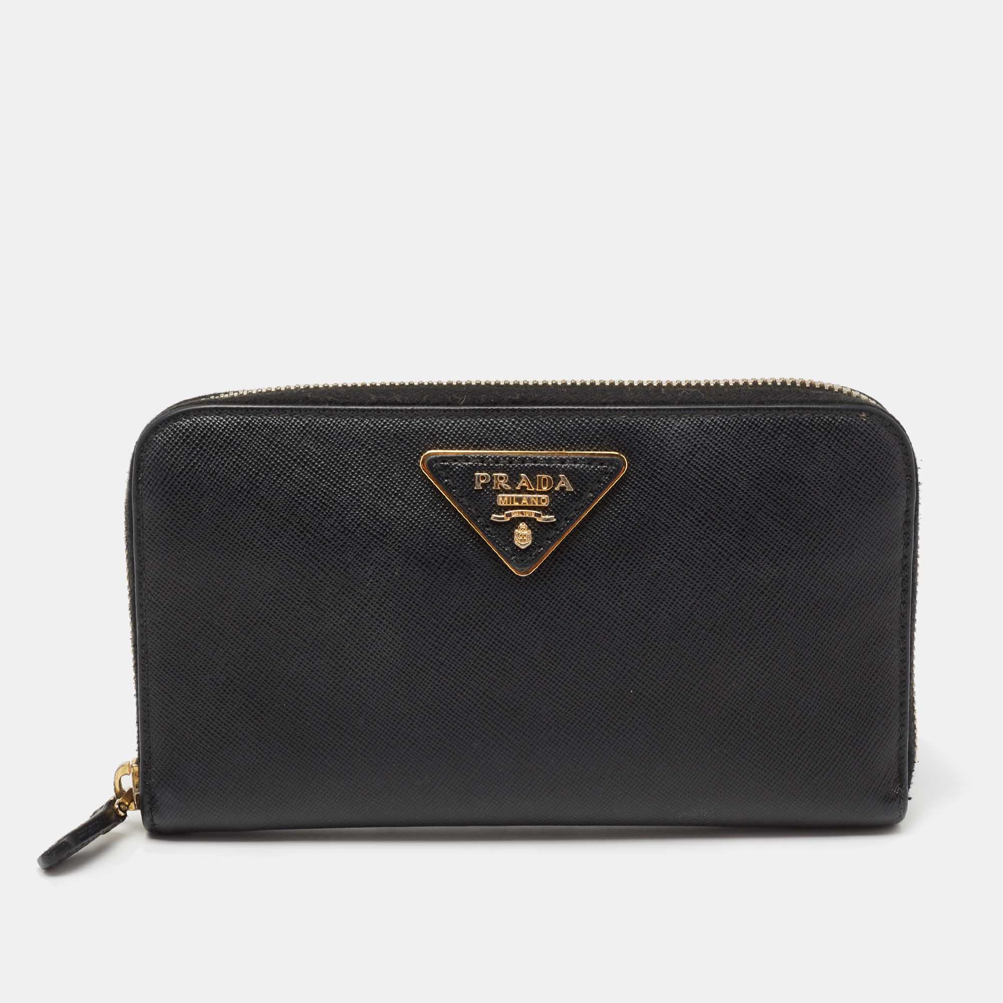 Prada Black Saffiano Leather Zip Around Wallet Prada