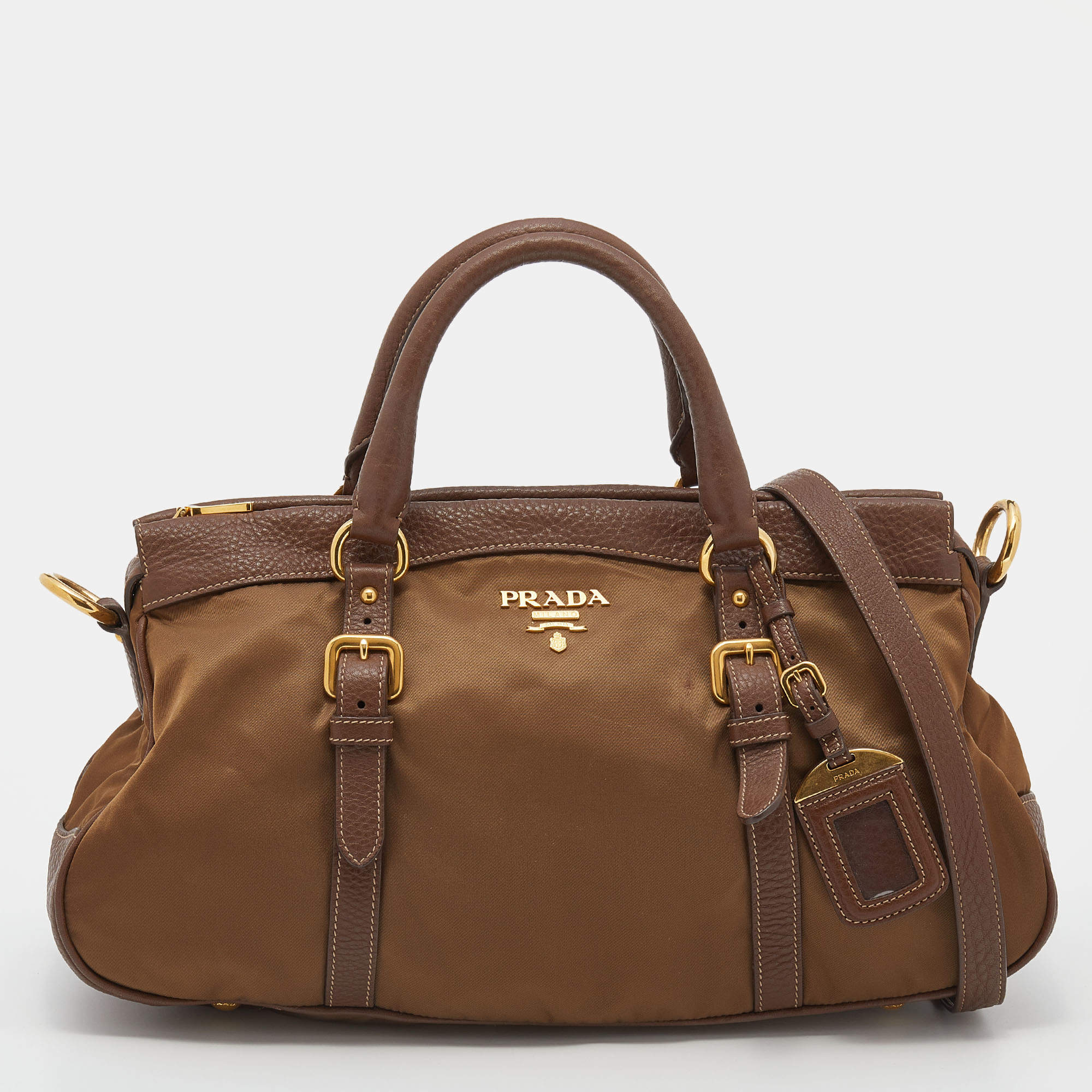 Pre Owned Prada Brown Nylon and Leather Top Zip Satchel 