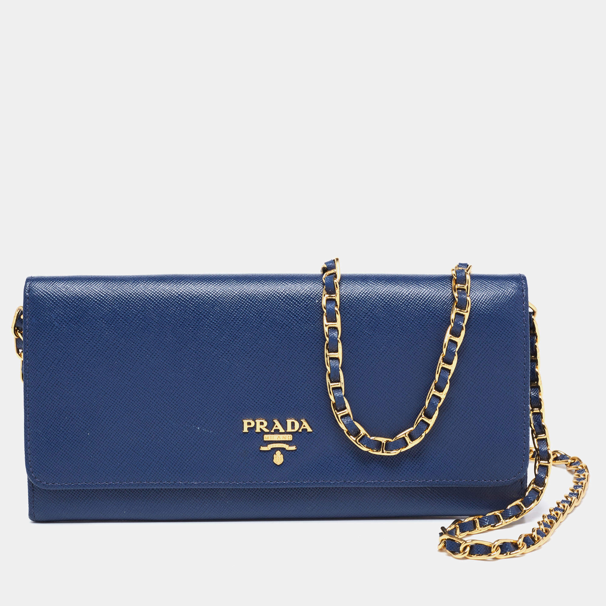 Pre Owned Prada Navy Blue Saffiano Metal Leather Logo Wallet on Chain