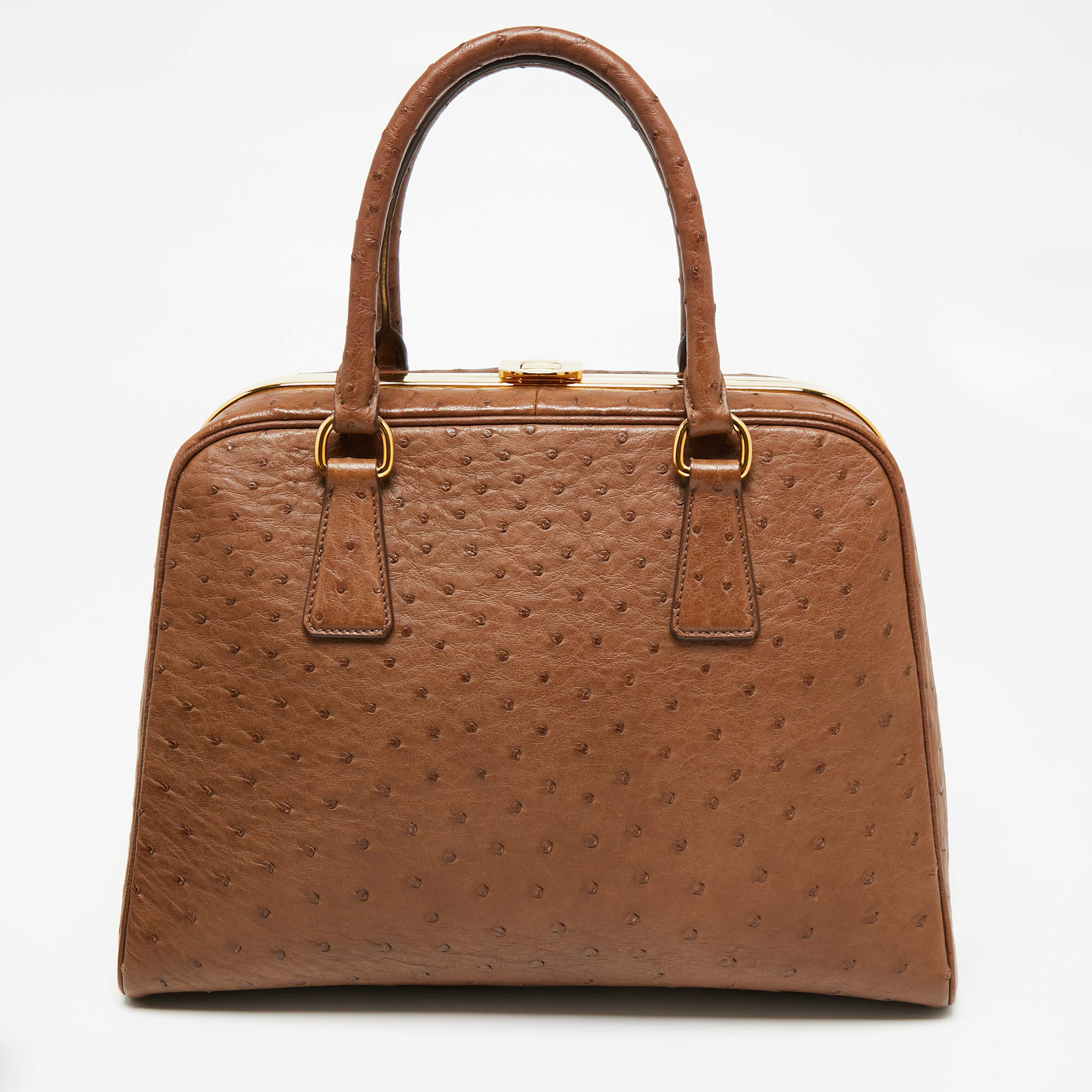 Pre Owned Prada Brown Ostrich Pyramid Frame Satchel