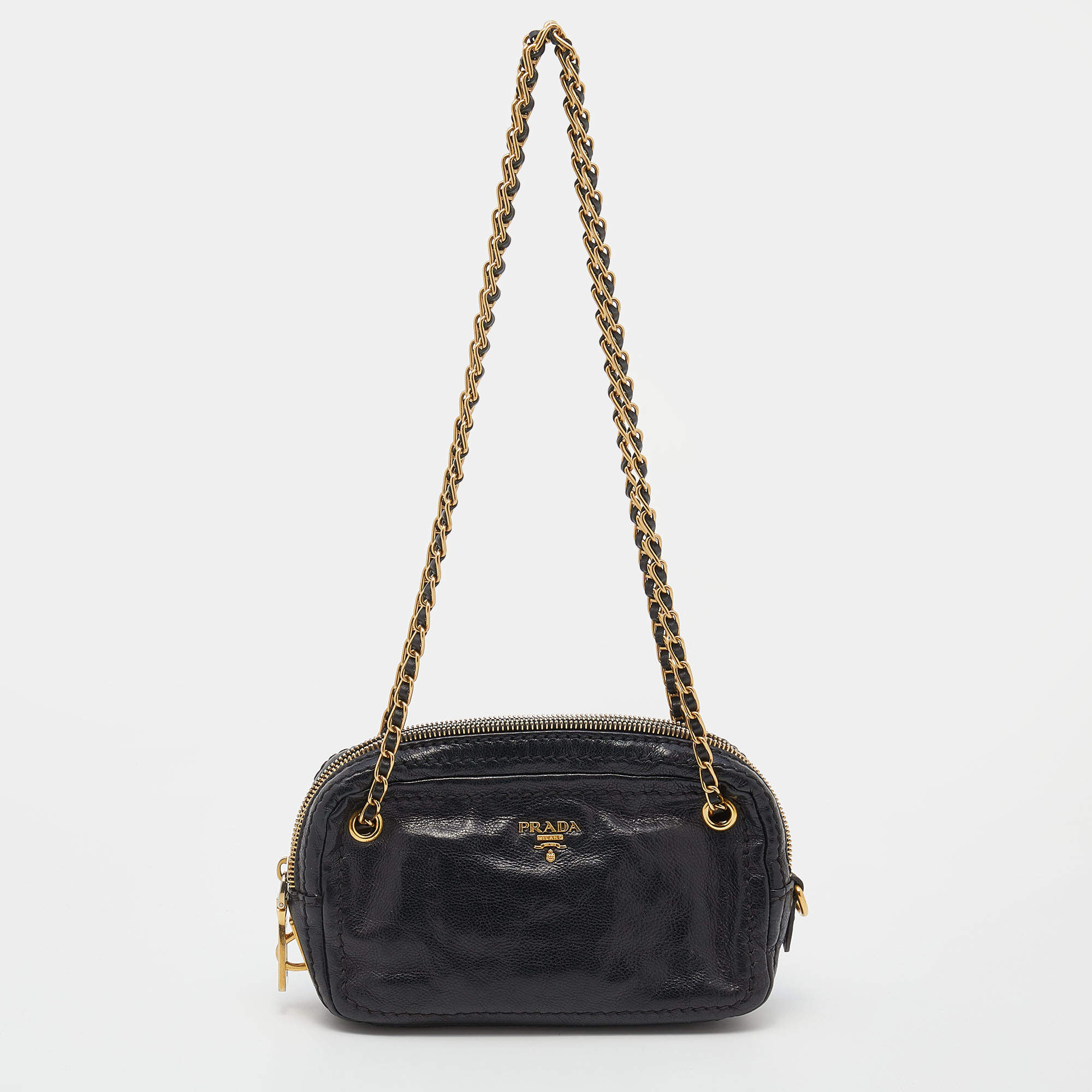 Pre Owned Prada Black Leather Chain Camera Crossbody Bag 