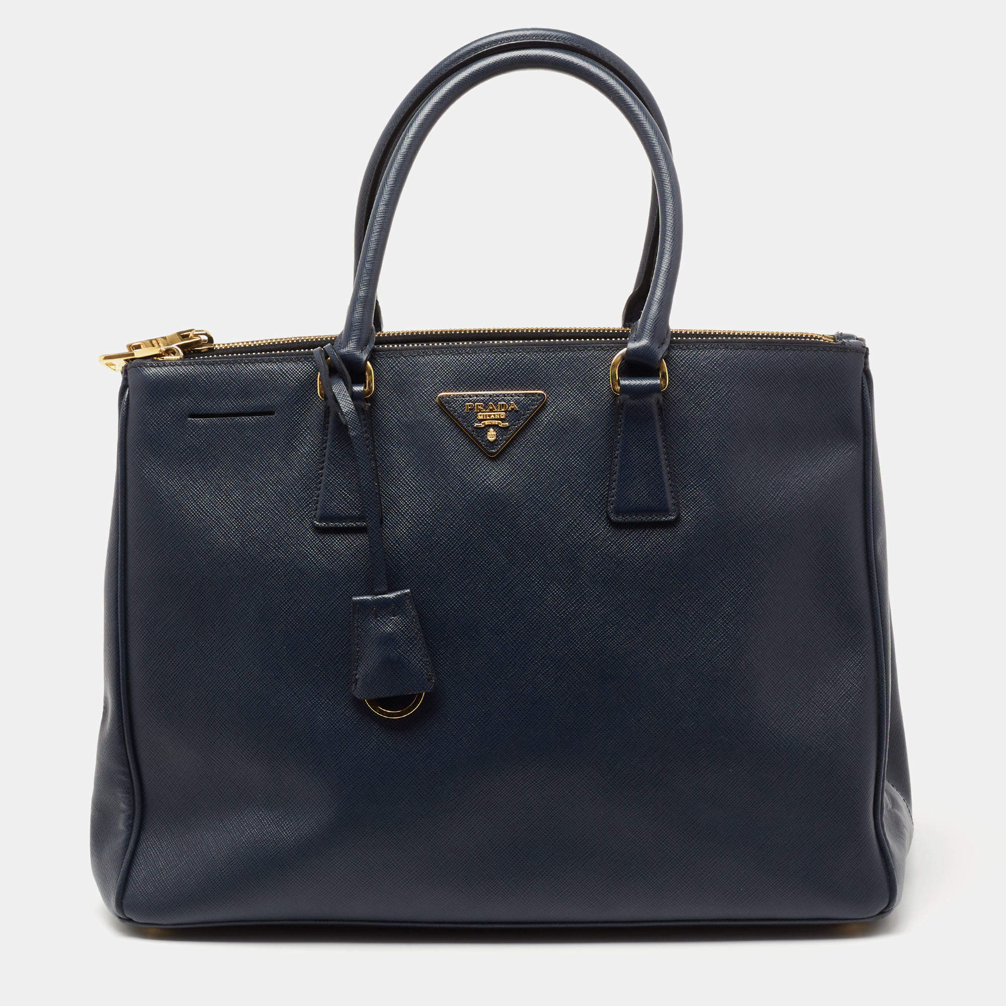Pre Owned Prada Navy Blue Saffiano Lux Leather Large Double Zip Tote