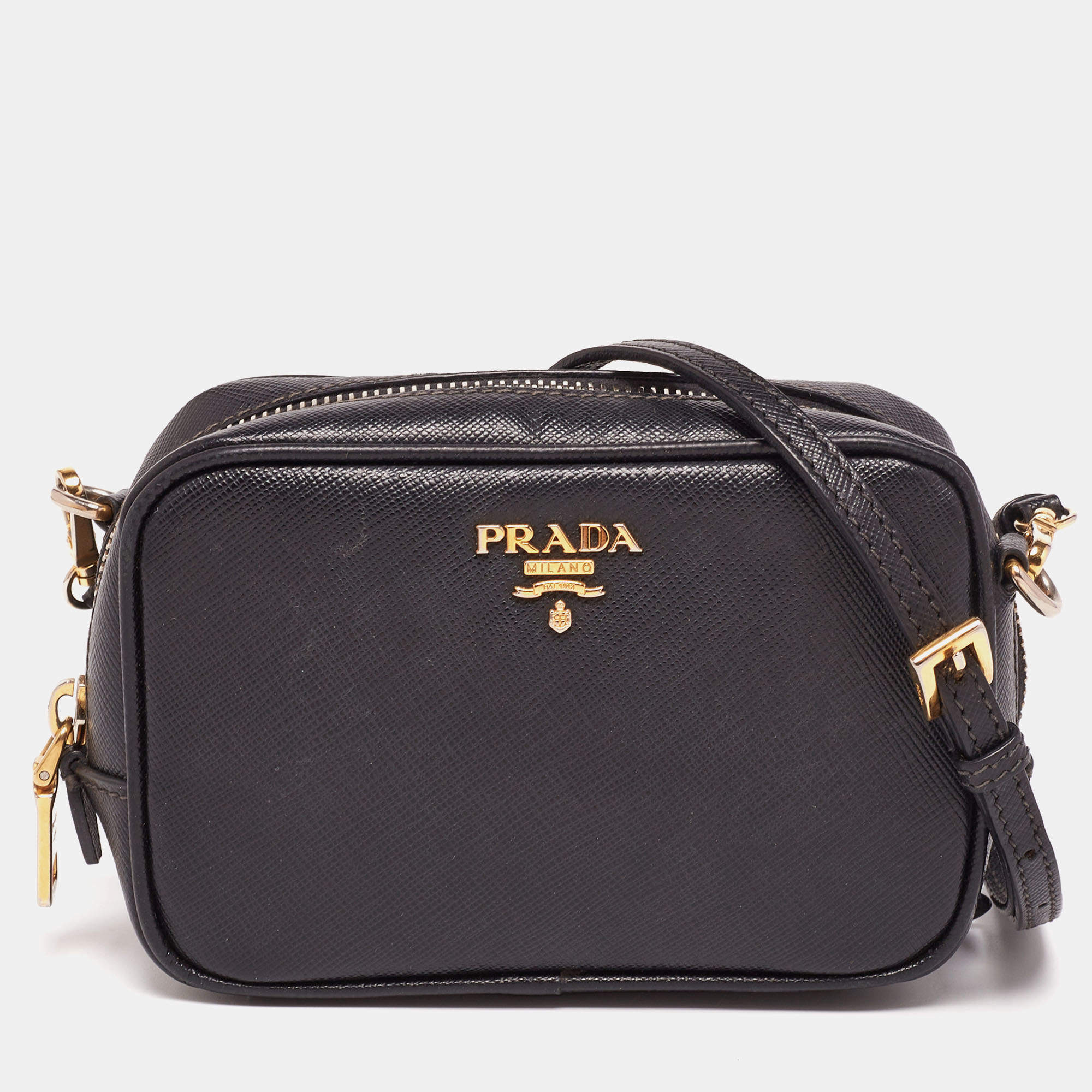 Prada Black Saffiano Leather Mini Zip Top Camera Sling Bag