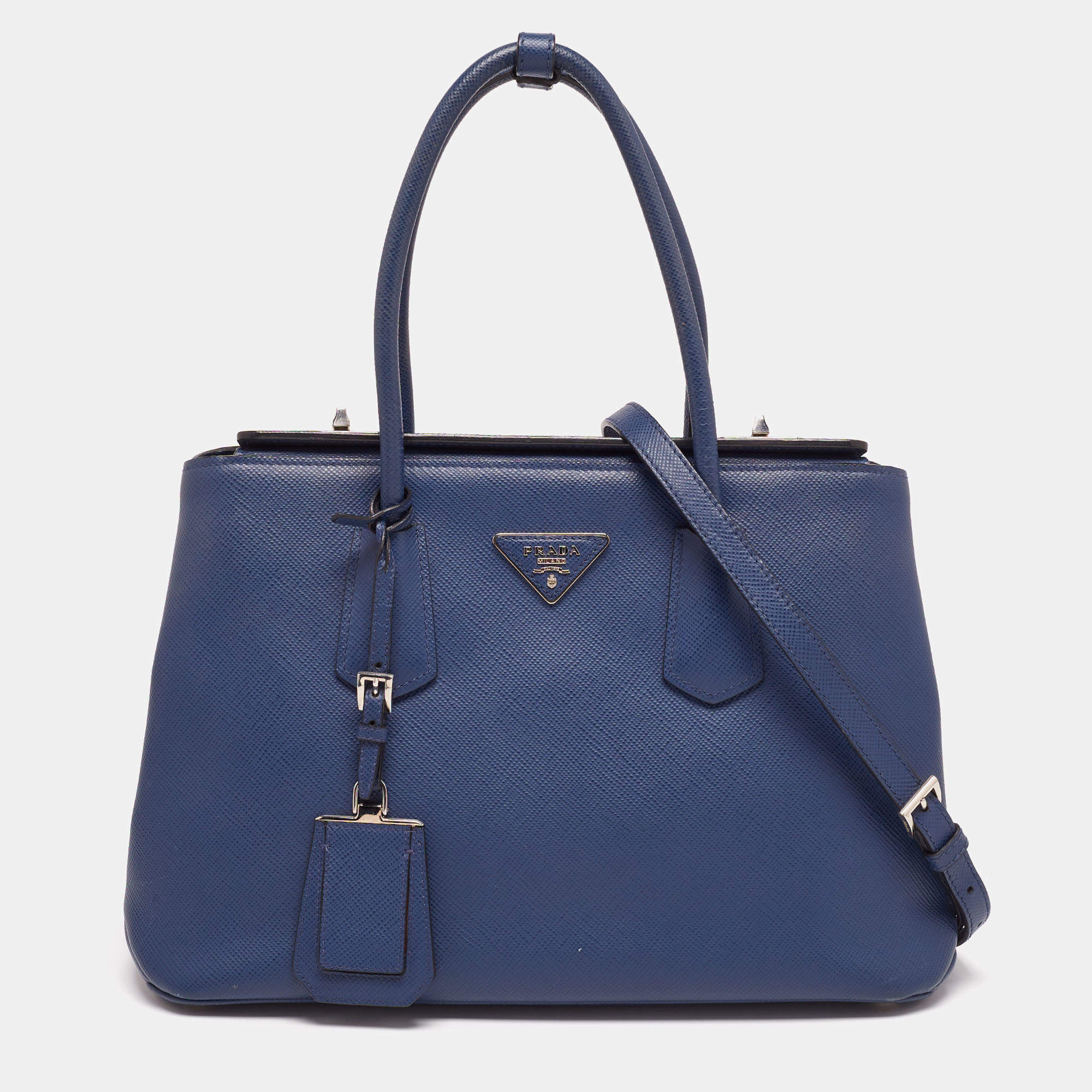 Pre Owned Prada Navy Blue Saffiano Lux Leather Twin Tote