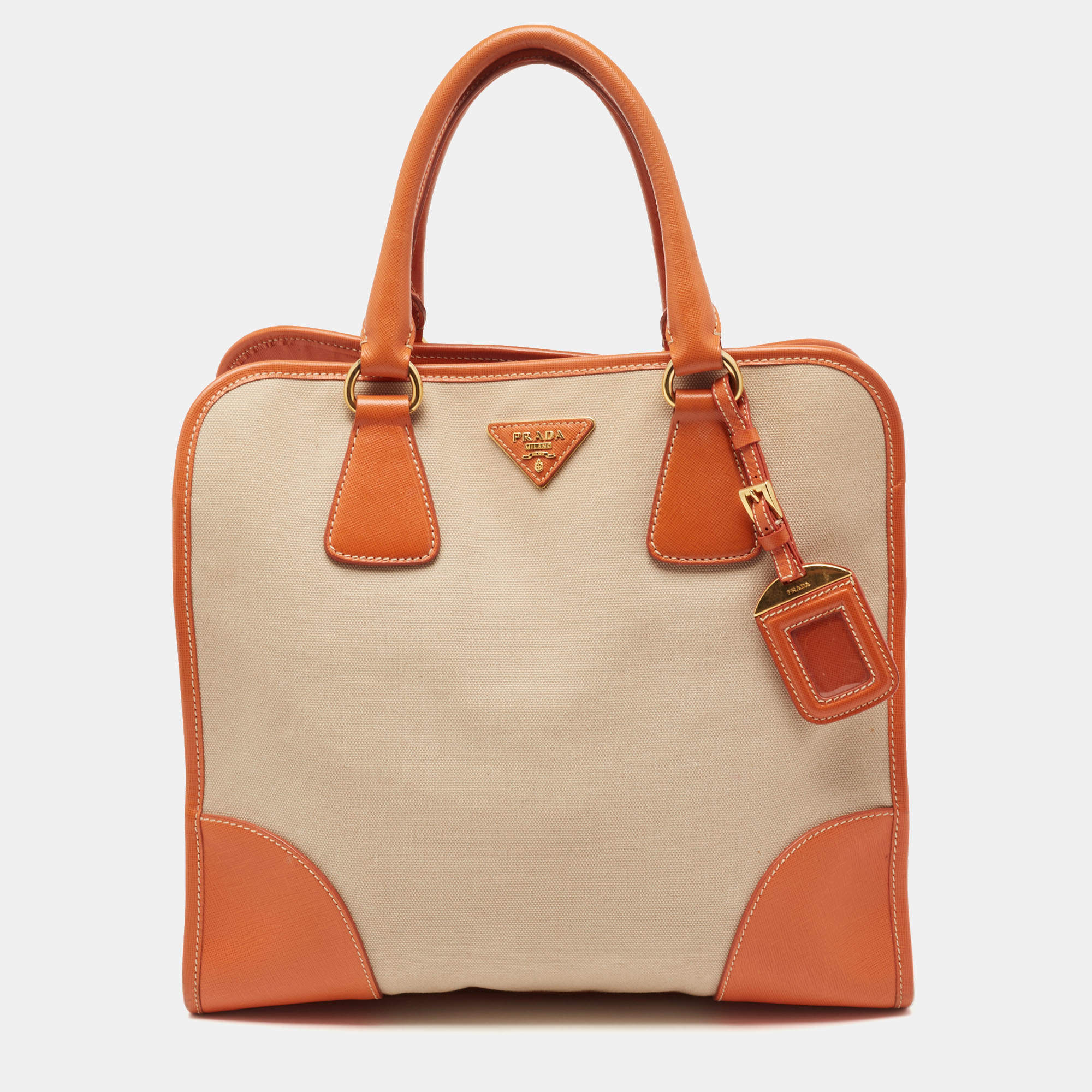 Pre Owned Prada Beige/Orange Canvas and Leather Canapa Tote
