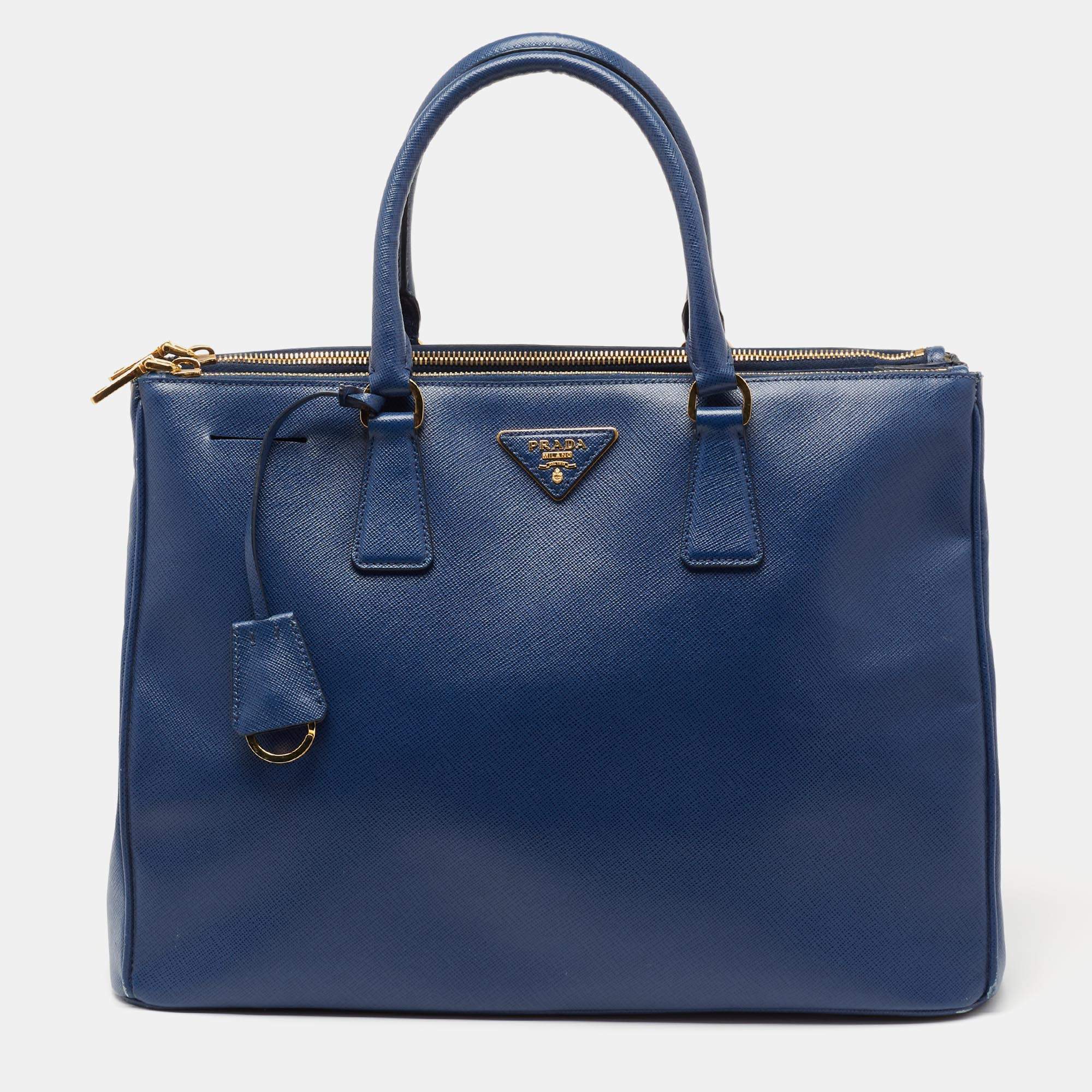 Pre Owned Prada Blue Saffiano Lux Leather Large Galleria Double Zip Tote