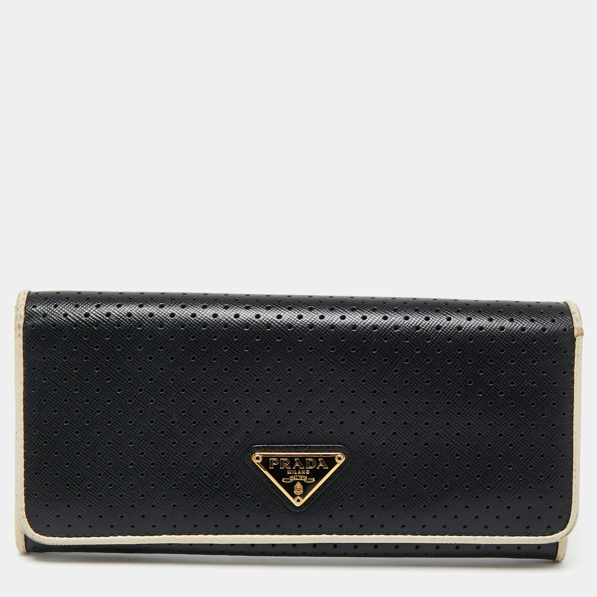 Prada Black/White Perforated Saffiano Leather Flap