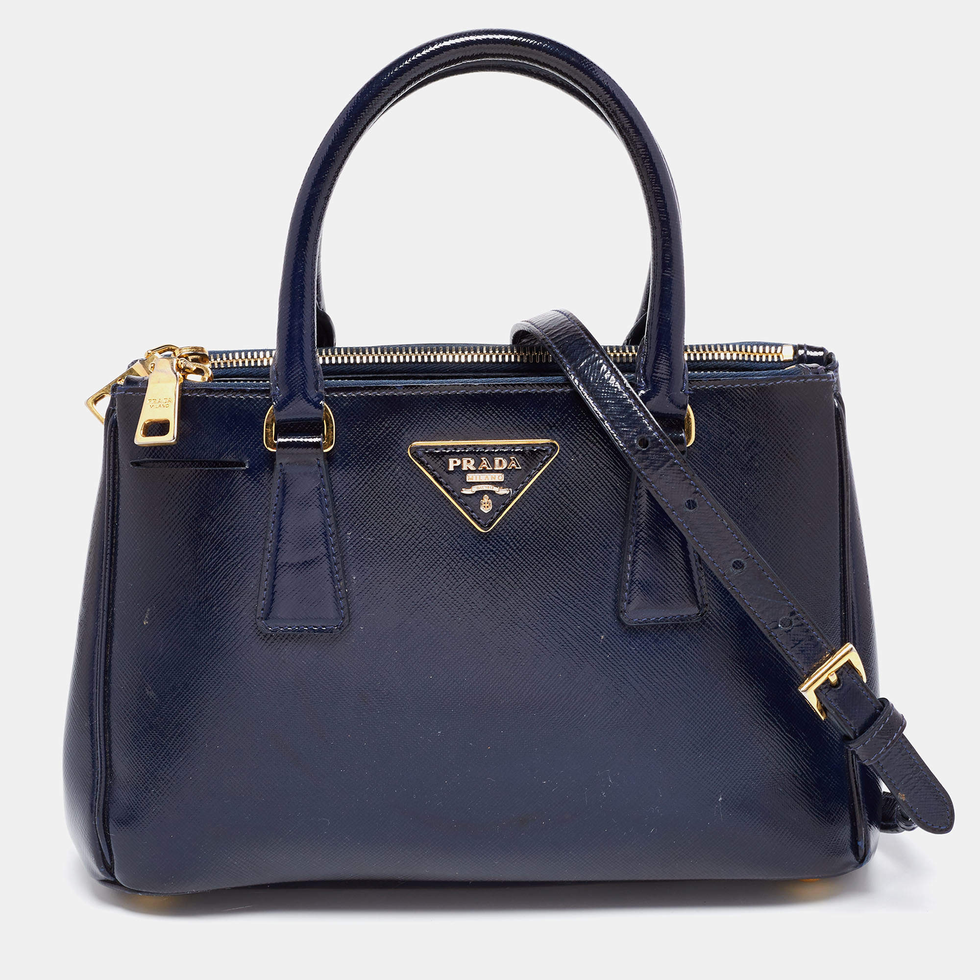 Pre Owned Prada Navy Blue Saffiano Lux Leather Small Double Zip Tote