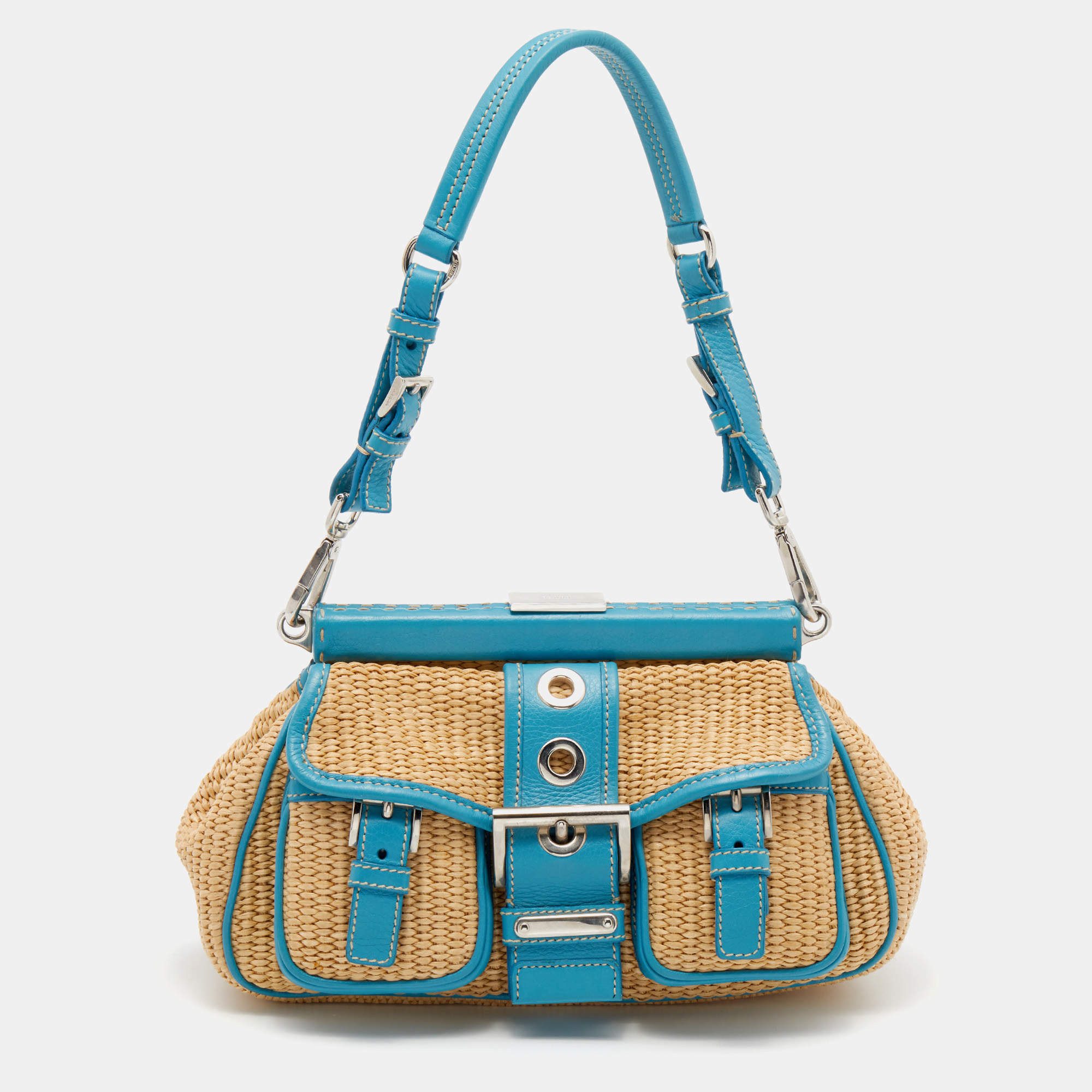 Pre Owned Prada Beige/Blue Straw and Leather Shoulder Bag