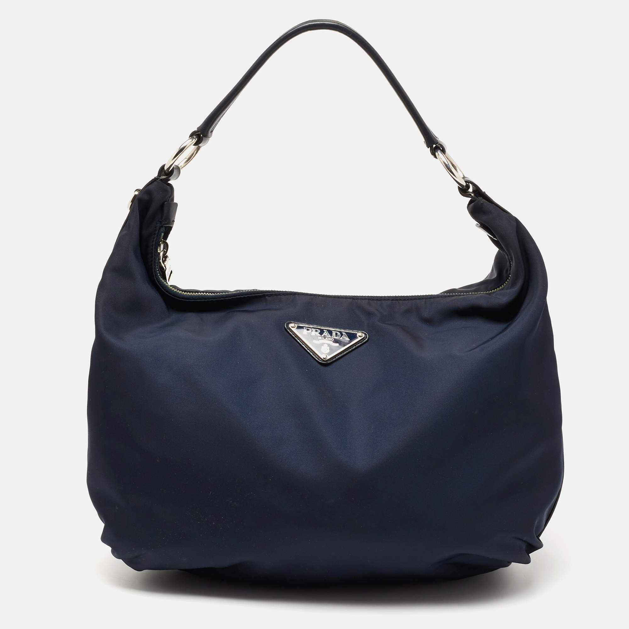 Pre Owned Prada Navy Blue Nylon and Leather Logo Zip Hobo