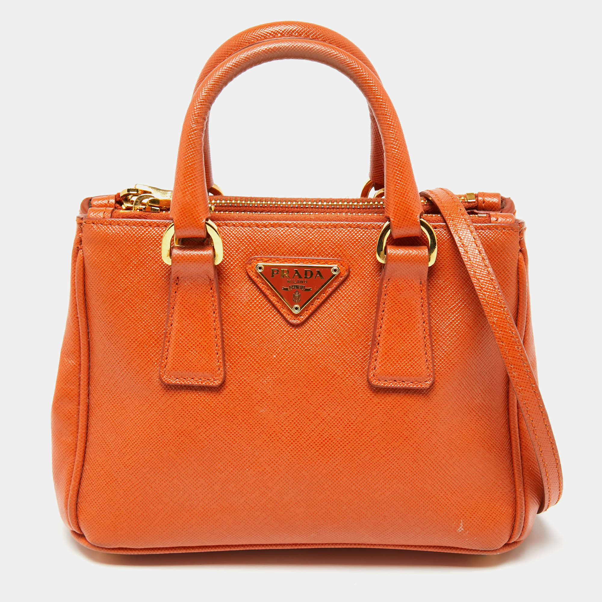 Prada Orange Saffiano Lux Leather Mini Double Zip Crossbody Bag