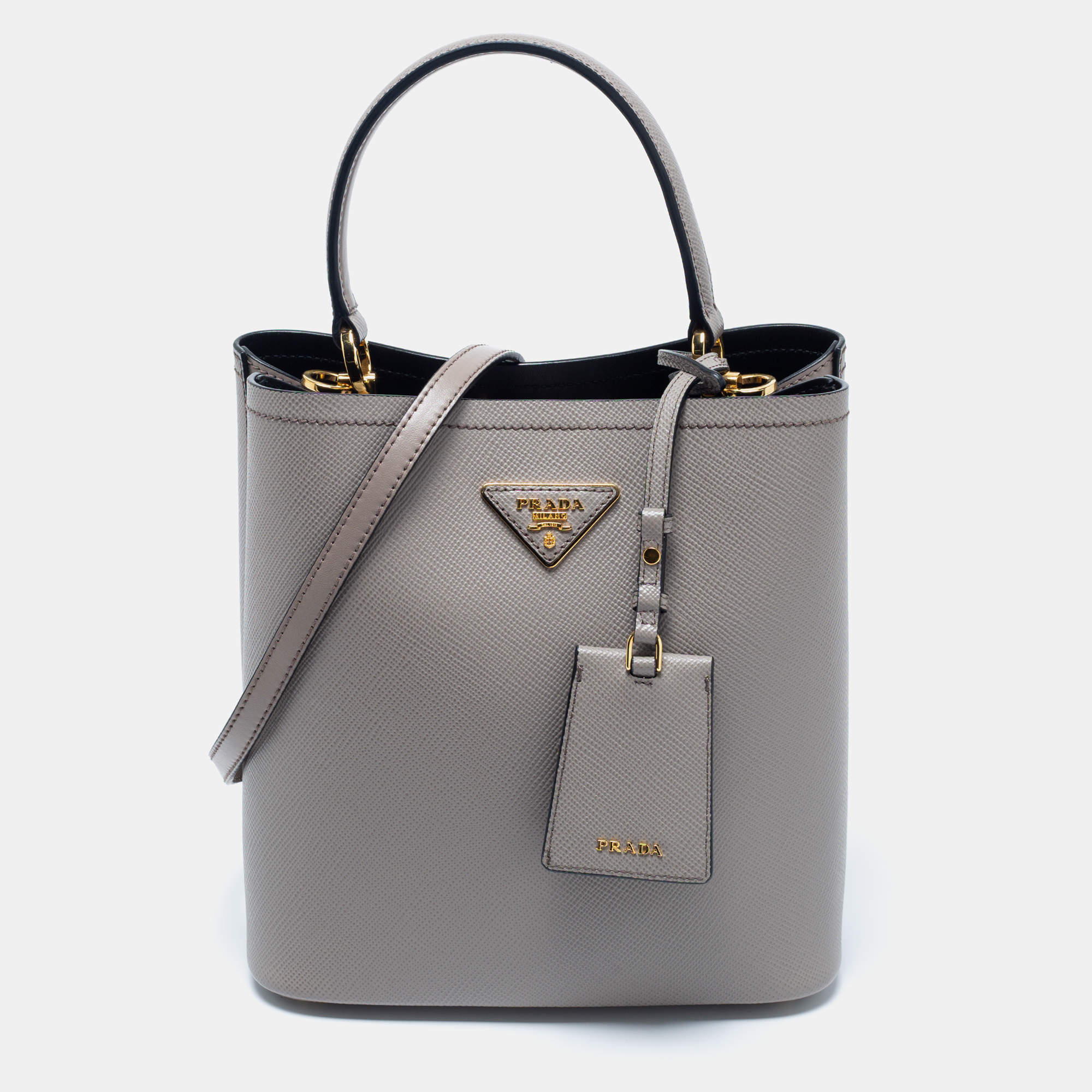 Pre Owned Prada Grey Saffiano Lux Leather Medium Panier Top Handle Bag