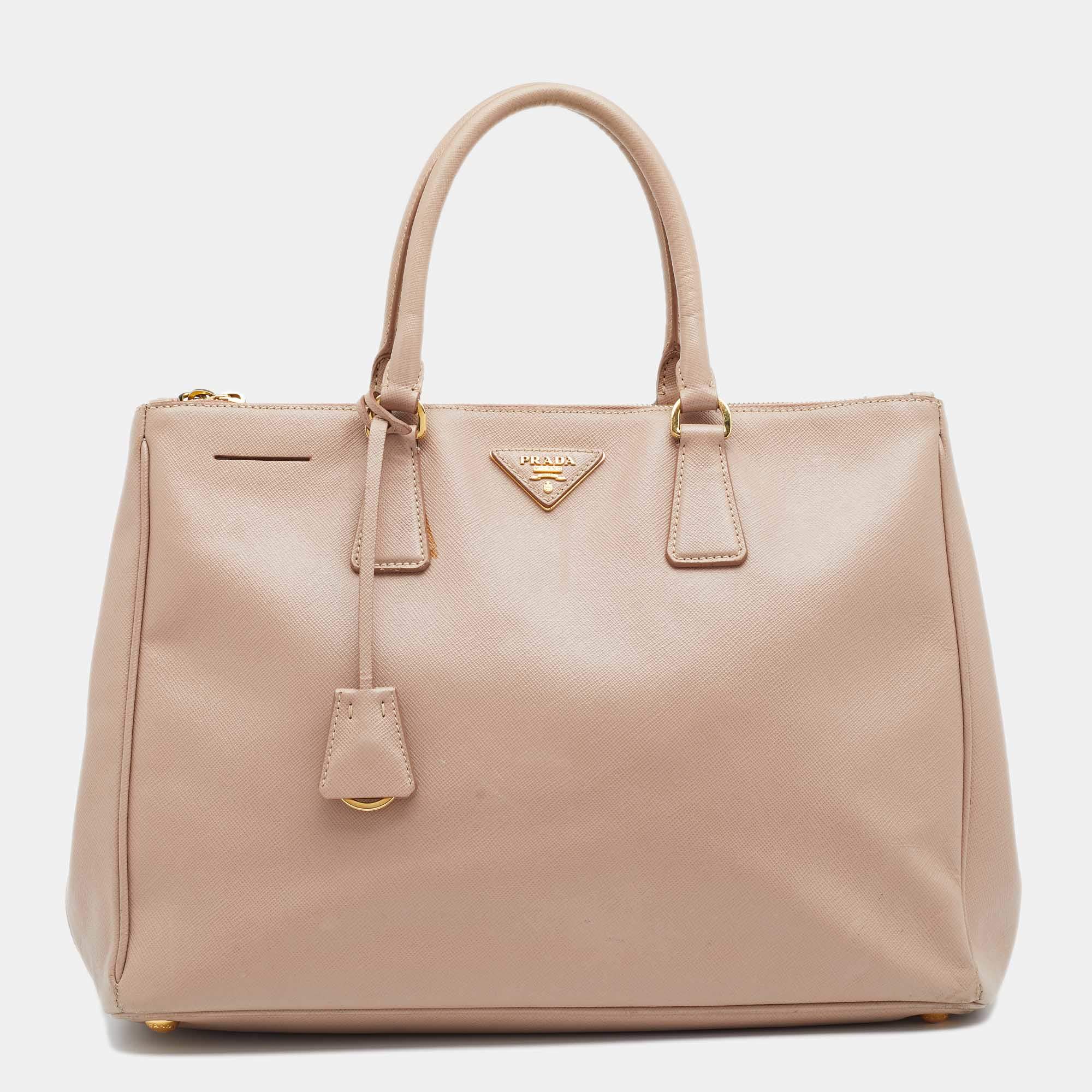 Pre Owned Prada Beige Saffiano Lux Leather Large Double Zip Tote