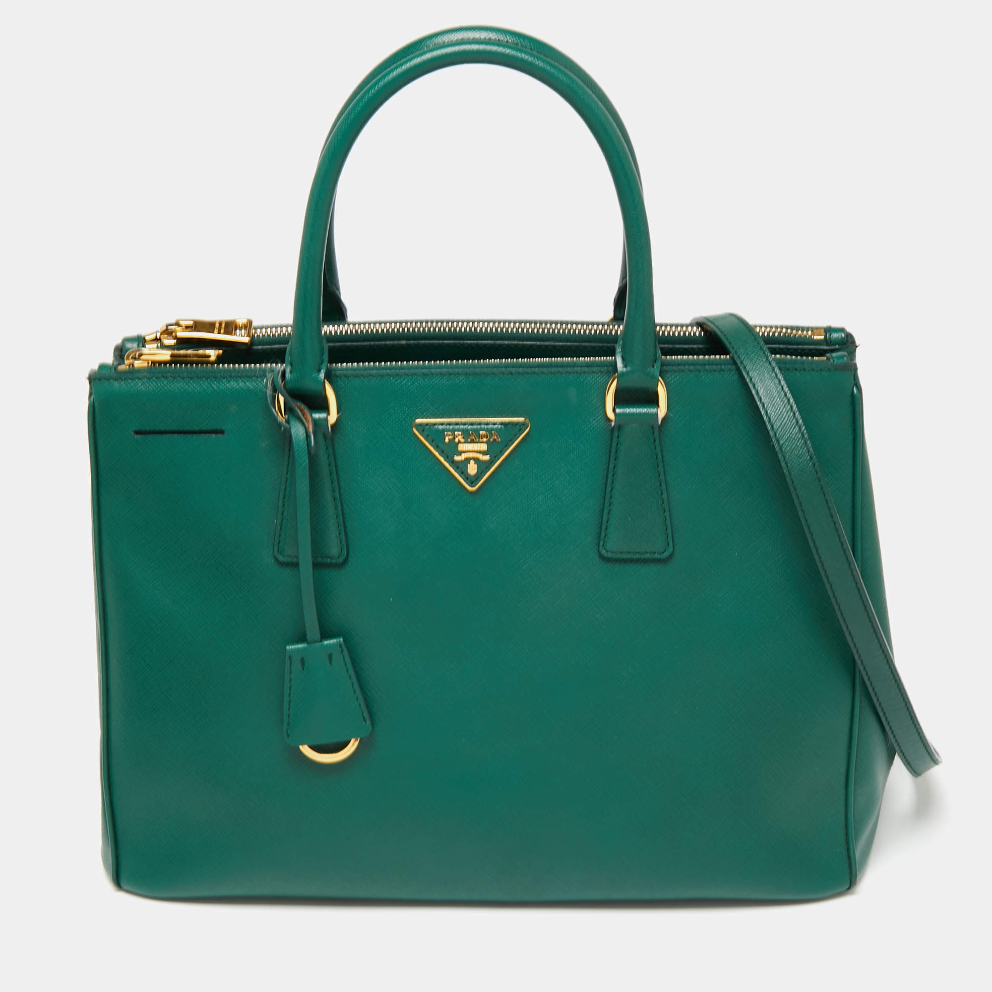 Pre Owned Prada Green Saffiano Lux Leather Medium Double Zip Tote