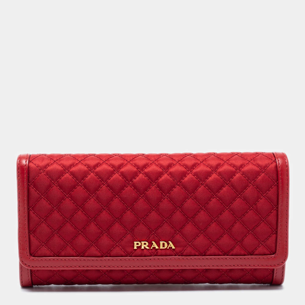 Pre Owned Prada Red Quilted Nylon and Leather Logo Flap Continental Wallet