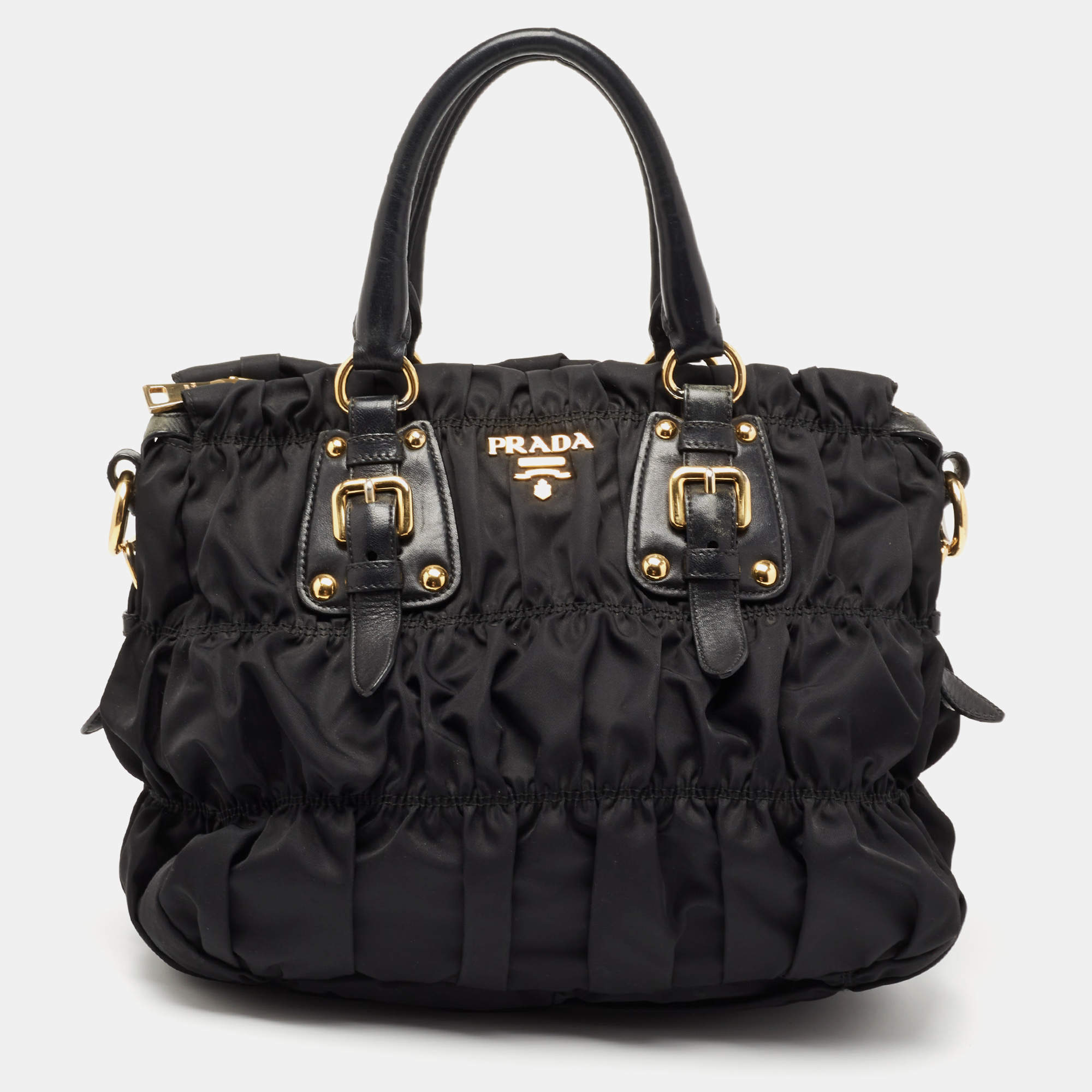 Pre Owned Prada Black Nylon Gaufre Ruched Medium Shopping Bag