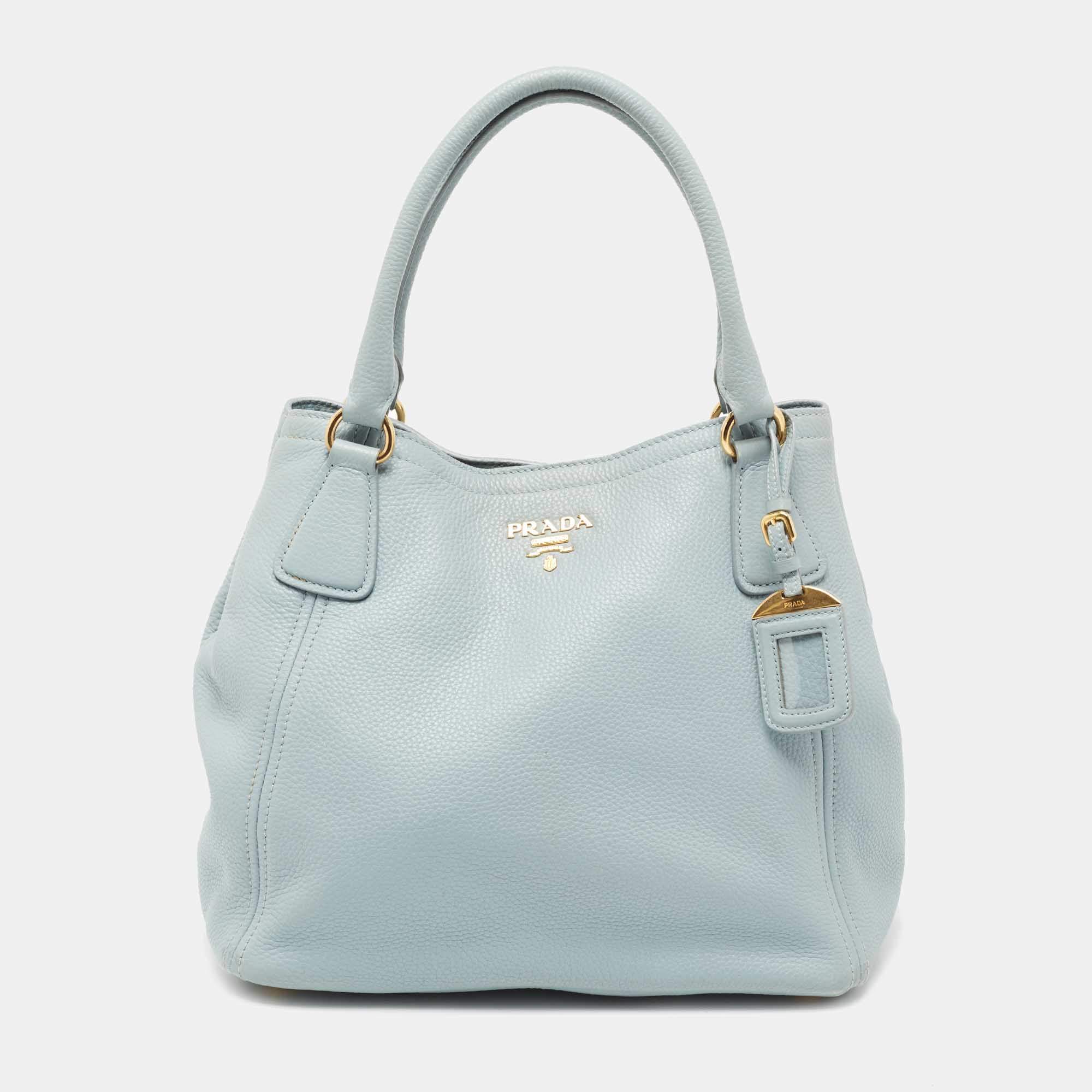 Pre Owned Prada Pale Blue Vitello Daino Leather Sacca 2 Manici Tote