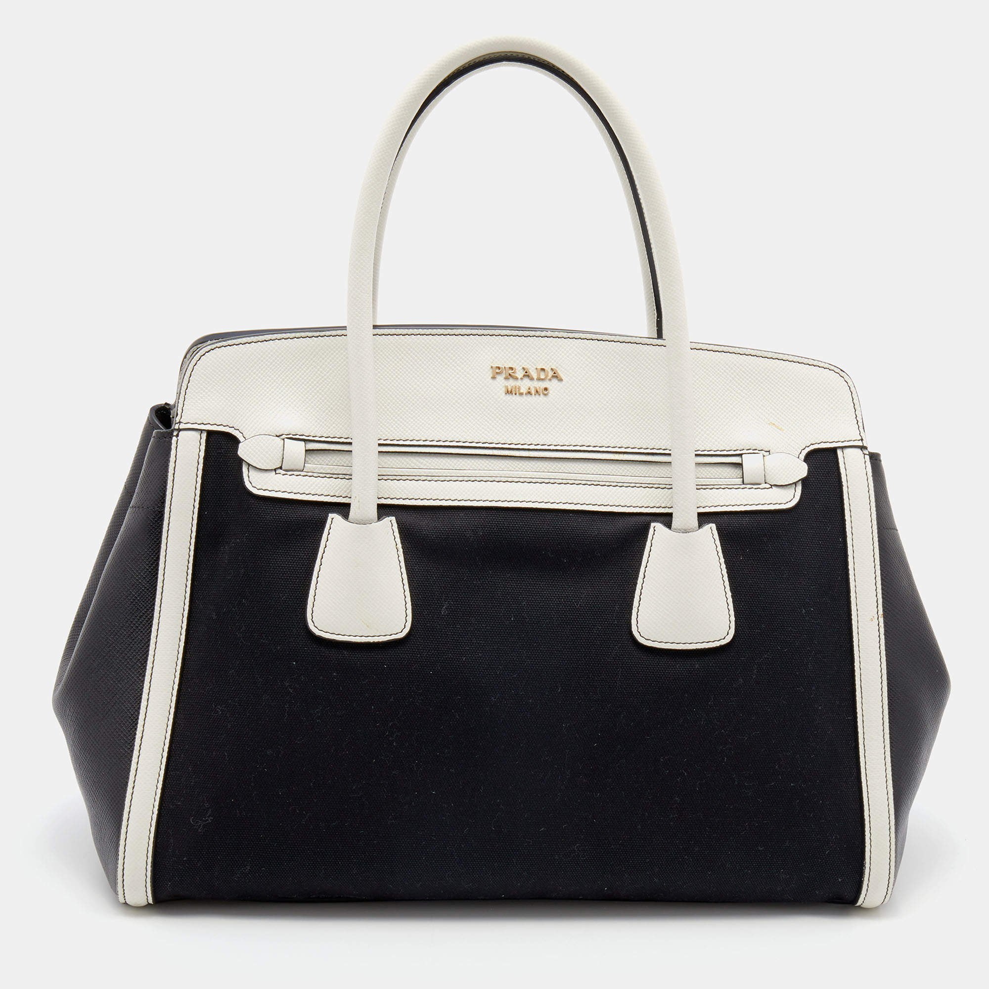Pre Owned Prada Black/White Canvas And Leather Canapa Tote