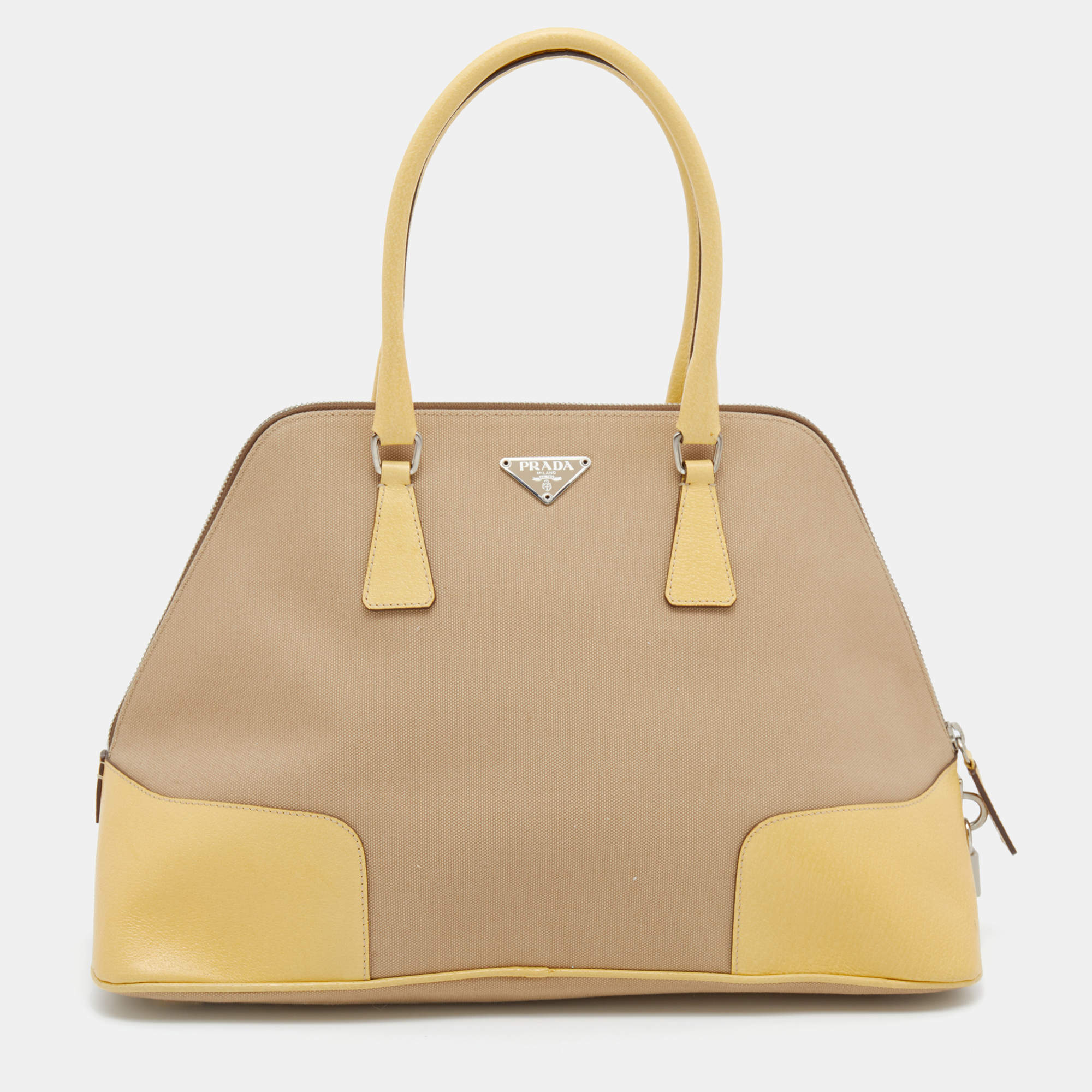 Pre Owned Prada Beige/Yellow Canvas And Leather Satchel