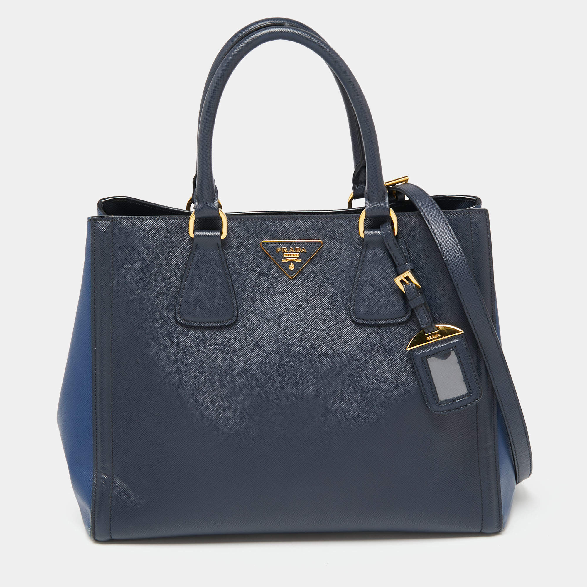 Pre Owned Prada Two Tone Blue Saffiano Lux Leather Open Tote