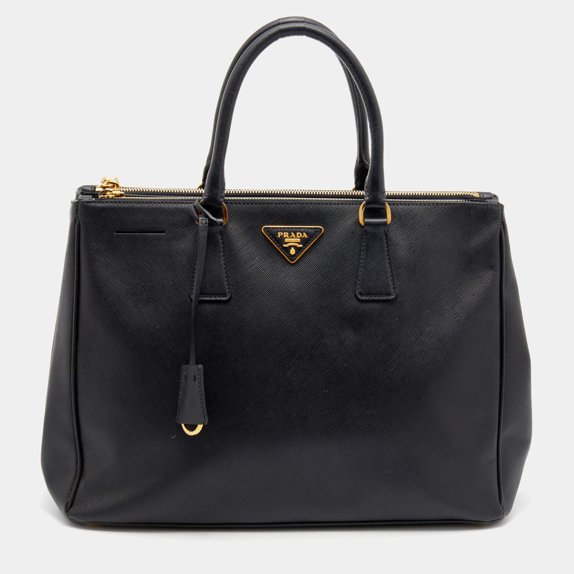 Pre Owned Prada Black Saffiano Leather Double Zip Tote