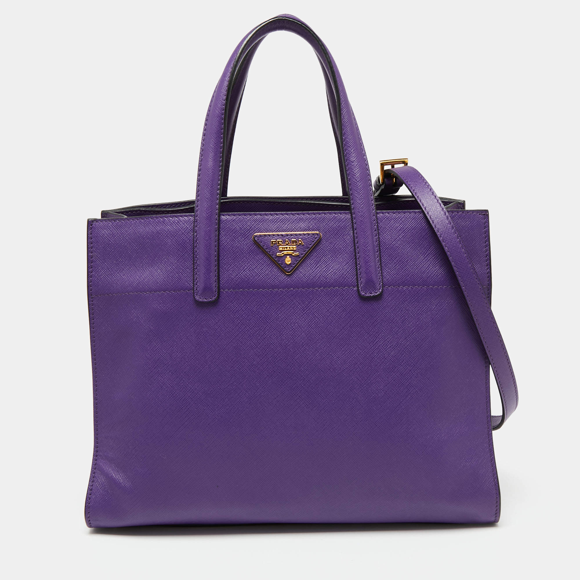 Pre Owned Prada Purple Saffiano Soft Leather Middle Zip Tote