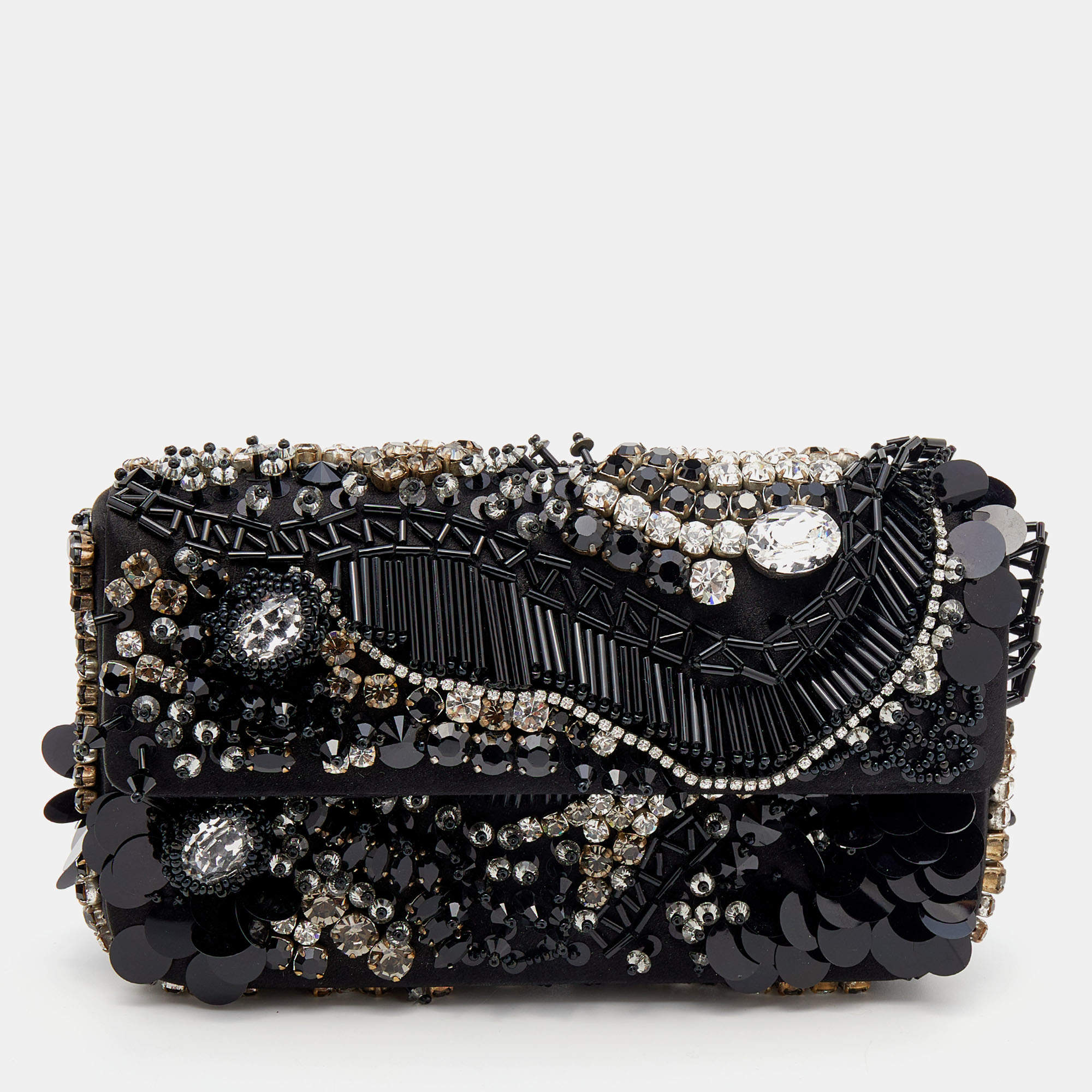 Pre Owned Prada Black Satin Crystal and Sequin Embellished Clutch