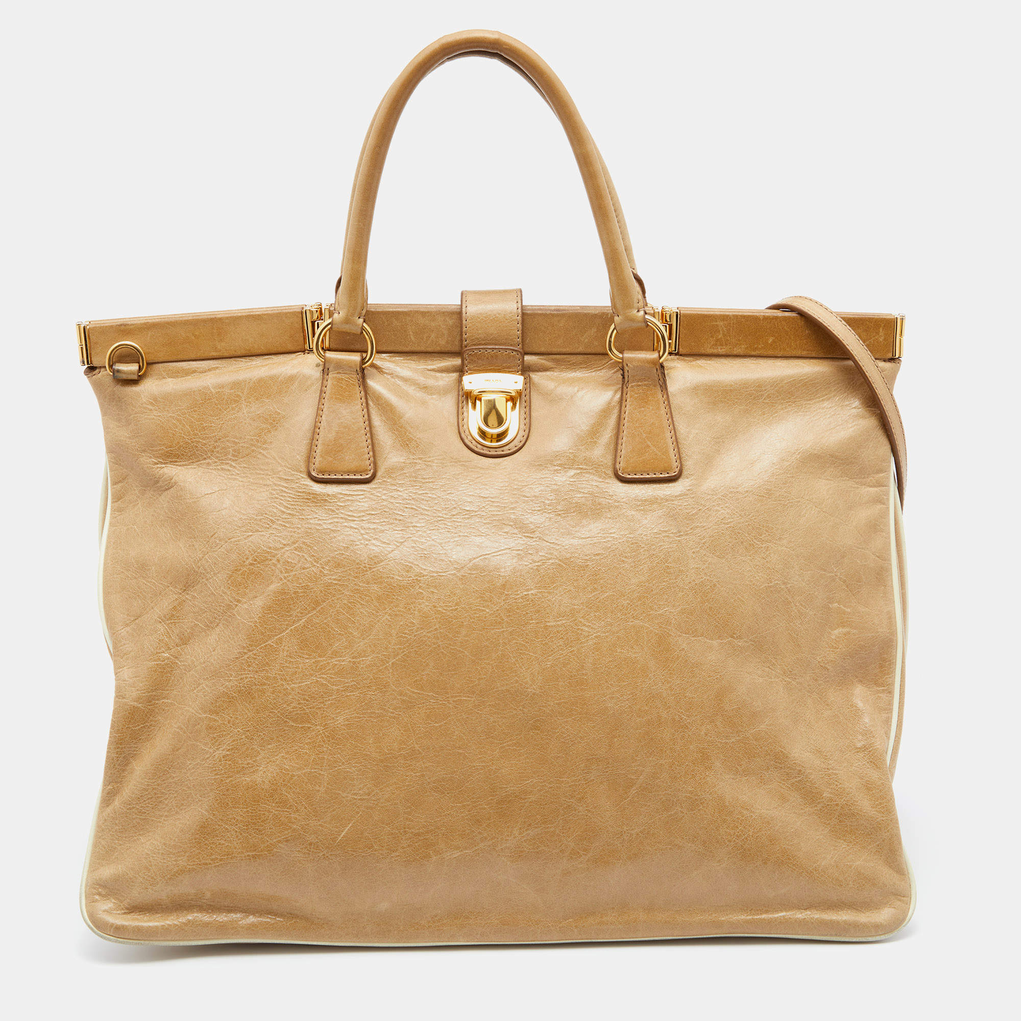 Pre Owned Prada Beige Vitello Shine Leather Tote