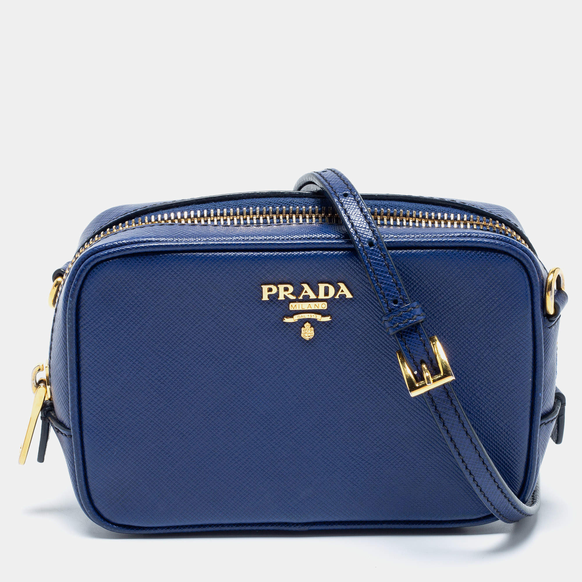 Pre Owned Prada Blue Saffiano Leather Camera Crossbody Bag