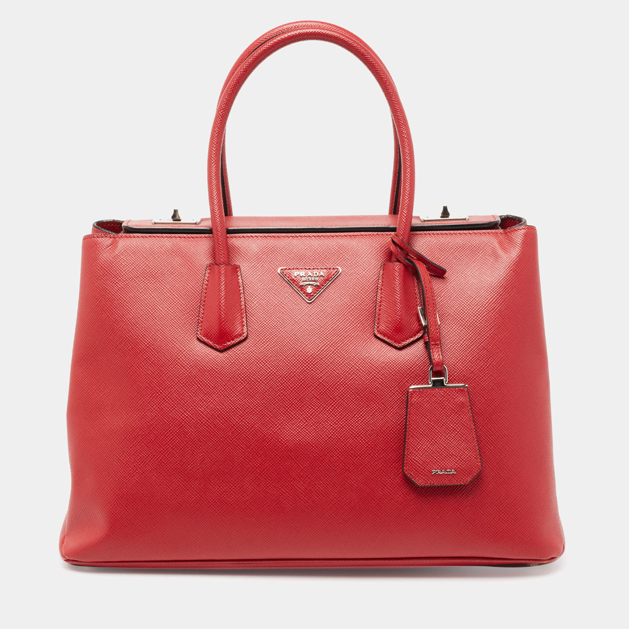 Pre Owned Prada Red Saffiano Cuir Leather Large Twin Tote