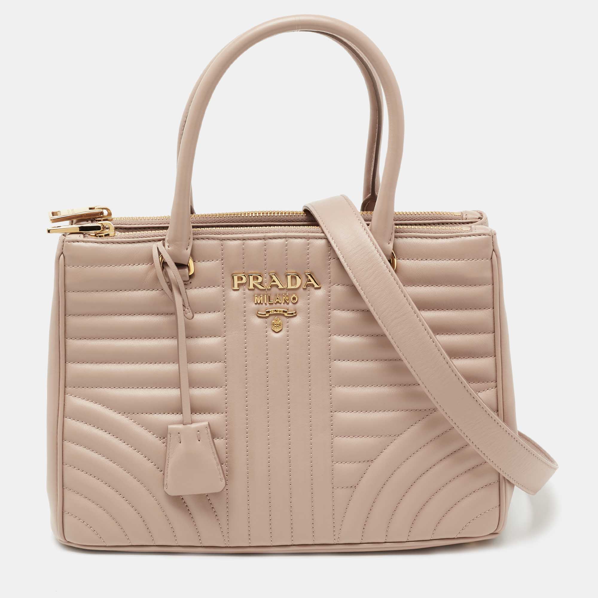 Pre Owned Prada Beige Diagramme Quilt Leather Double Zip Tote