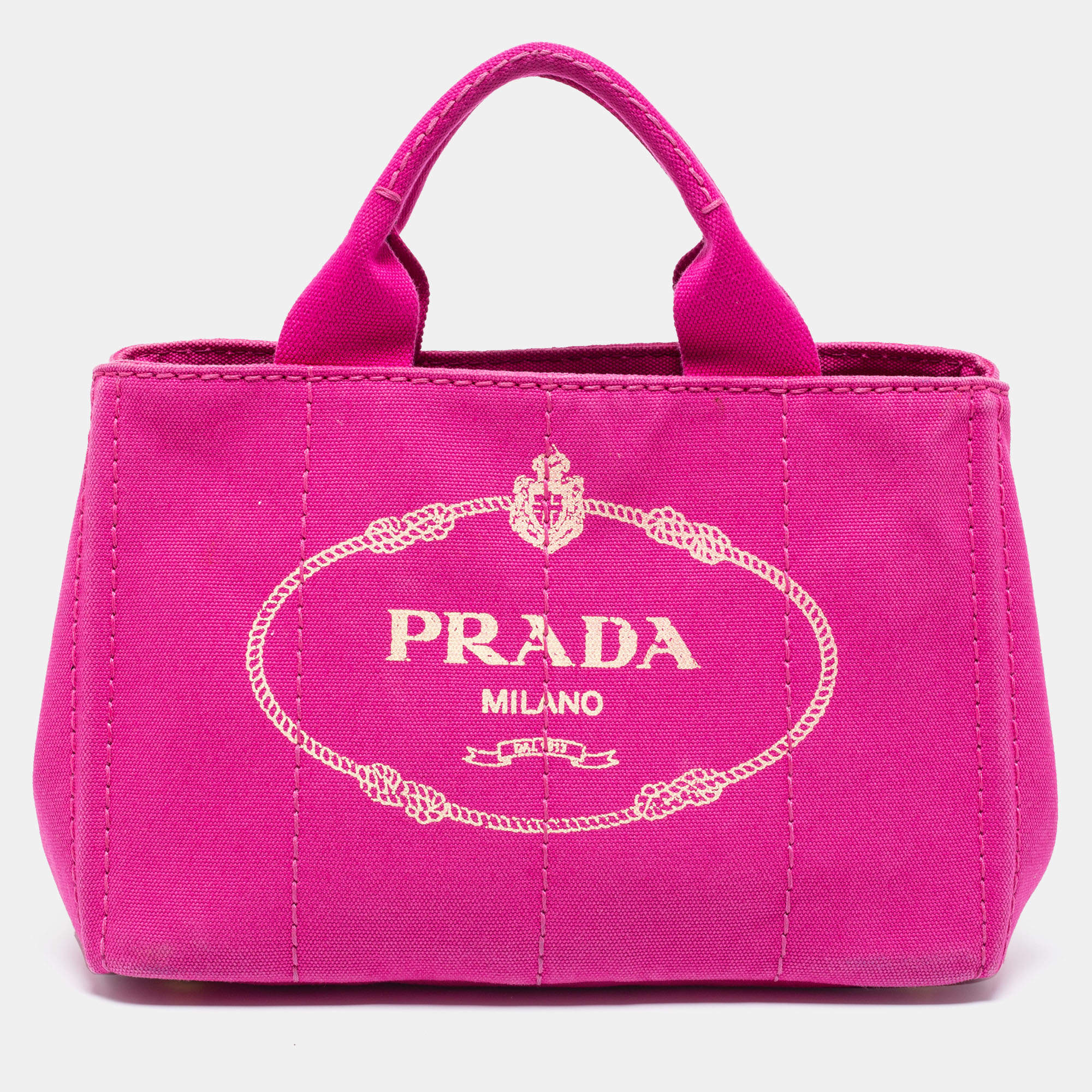 Pre Owned Prada Pink Canapa Logo Print Canvas Tote