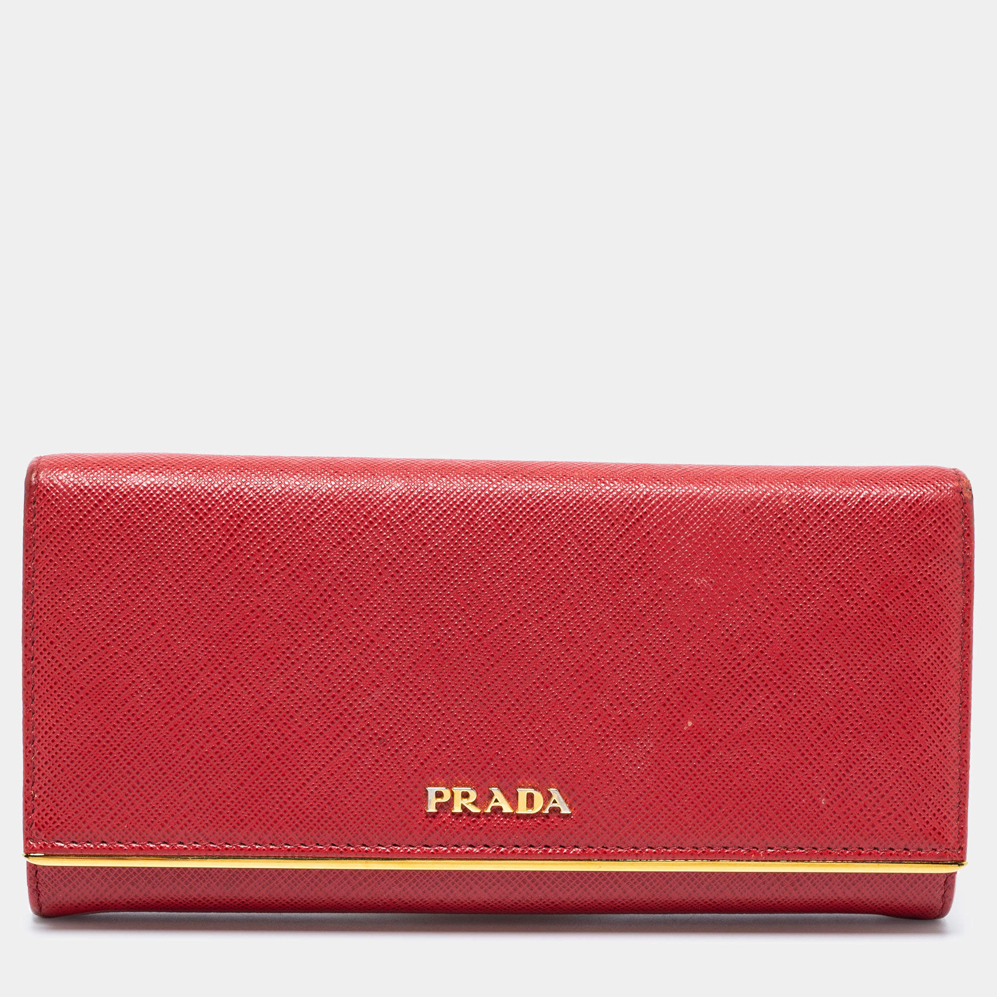 Pre Owned Prada Red Saffiano Leather Metal Bar Flap Continental Wallet